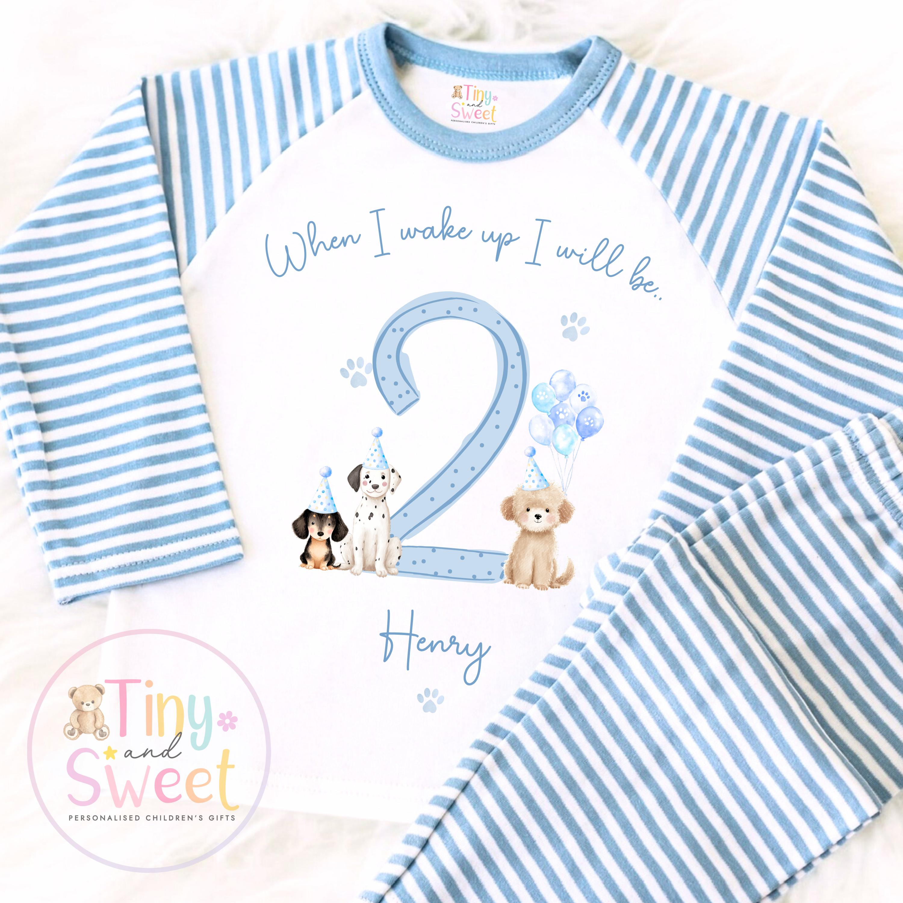 Puppy Dog Birthday Pyjamas, When I Wake Up I’ll Be, Puppy PJs – When I Wake Up I’ll Be 1, 2, 3, Personalised Puppy Birthday Pyjamas