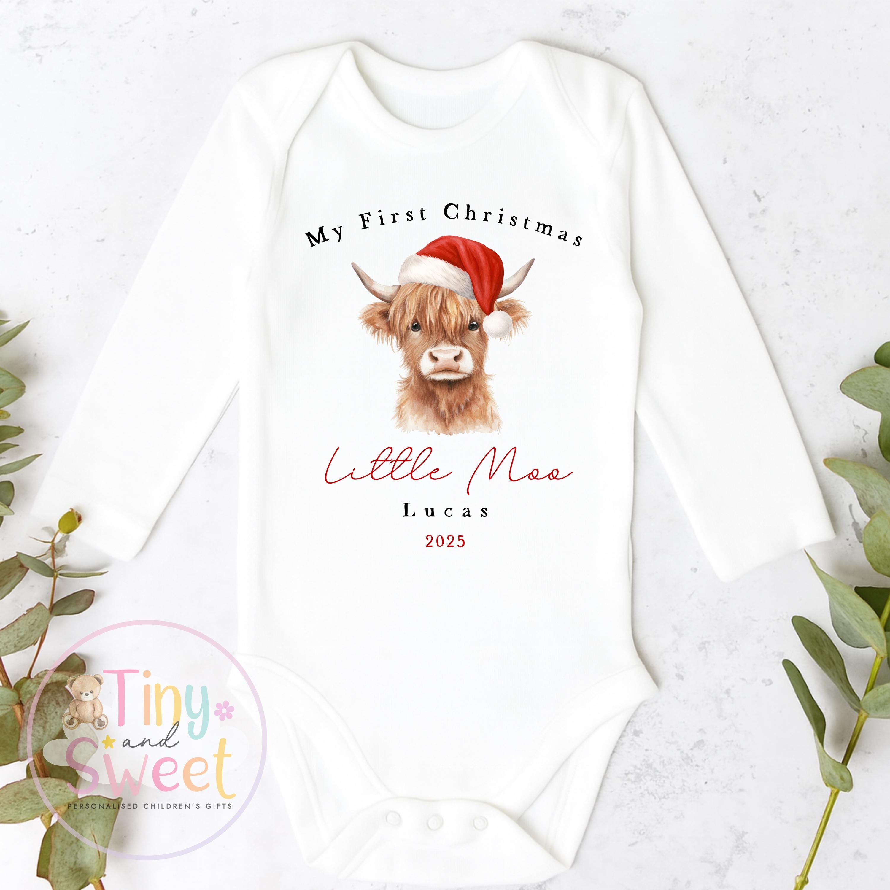 My First Christmas Highland Cow Sleepsuit: Personalised Babies 1st Christmas Outfit