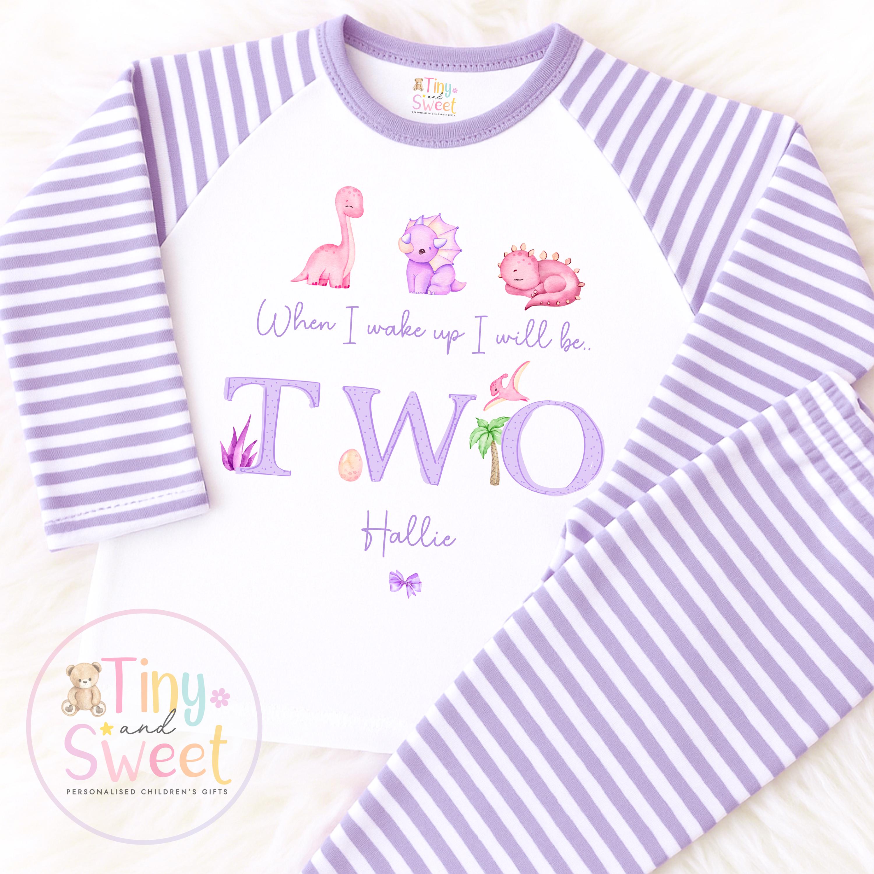 Personalised Girl Dinosaur Birthday Pyjamas: Lilac Watercolour Cotton