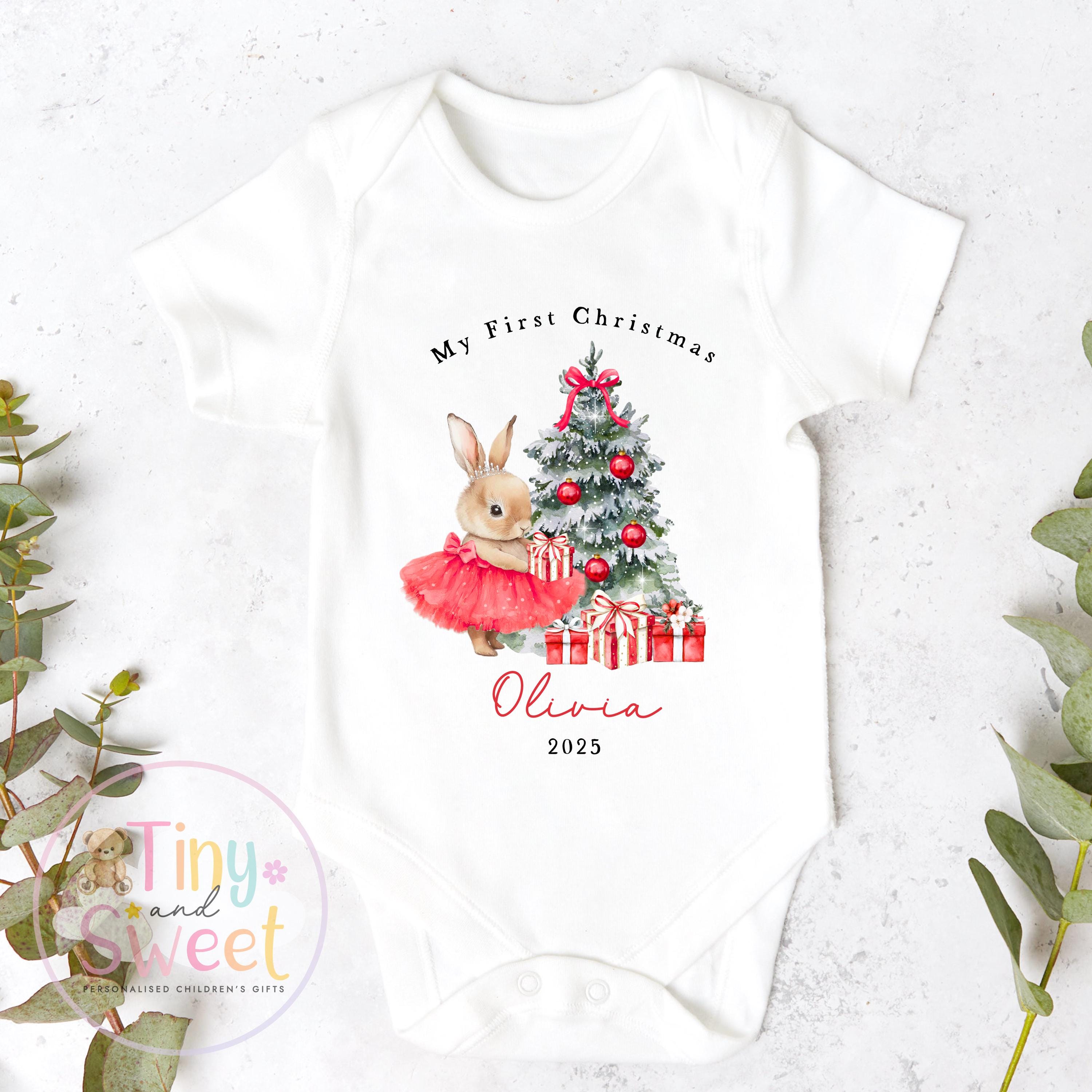 Personalised Girls First Christmas Ballerina Bunny Sleepsuit, Babies 1st Xmas Gift Idea, Pyjamas, 1st Xmas Babygrow, Christmas Outfit