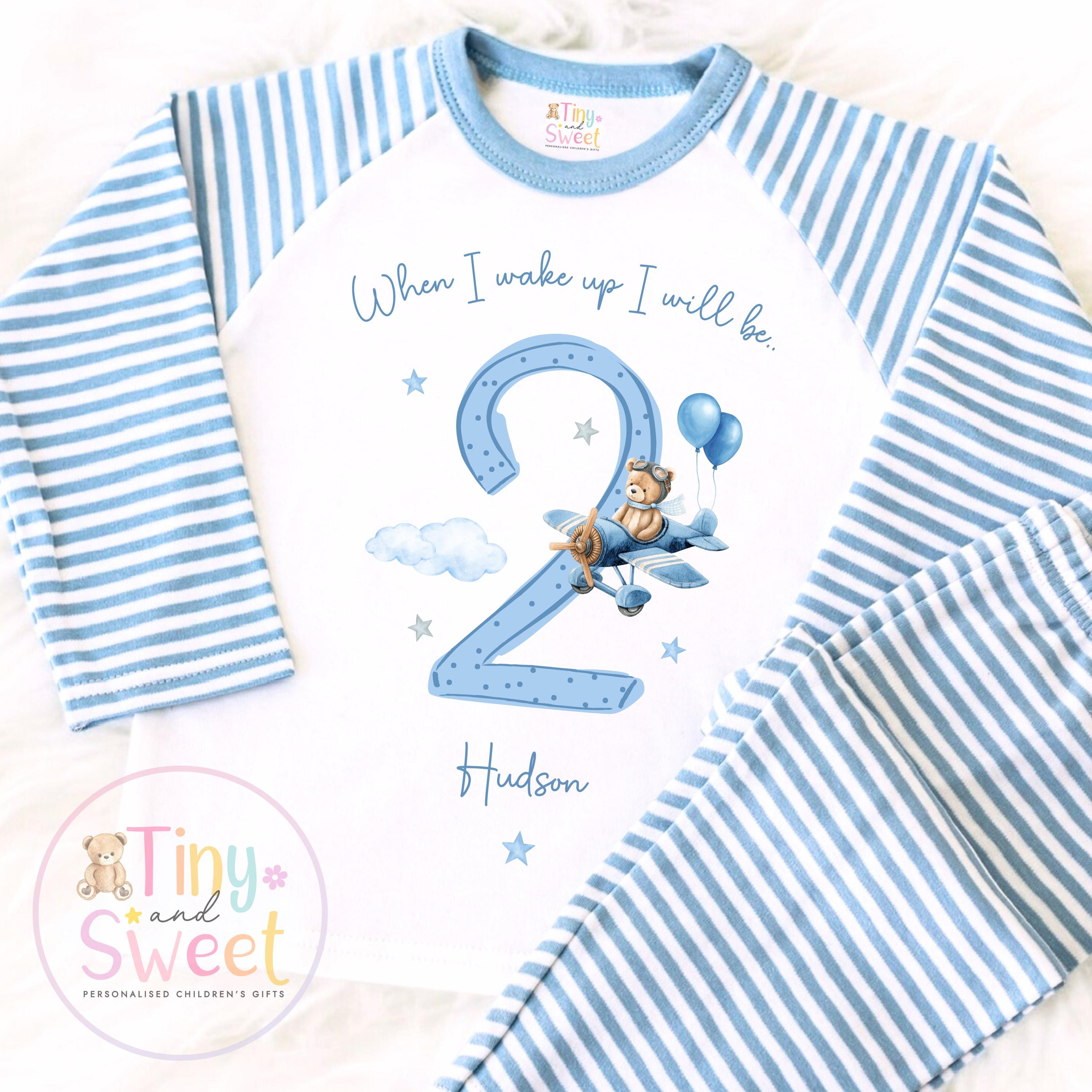 Personalised Blue Air Plane Birthday Pyjamas – Boys ‘When I Wake Up I’ll Be…’ PJs – Toddler Birthday Pjs, Blue Aeroplane Pyjamas