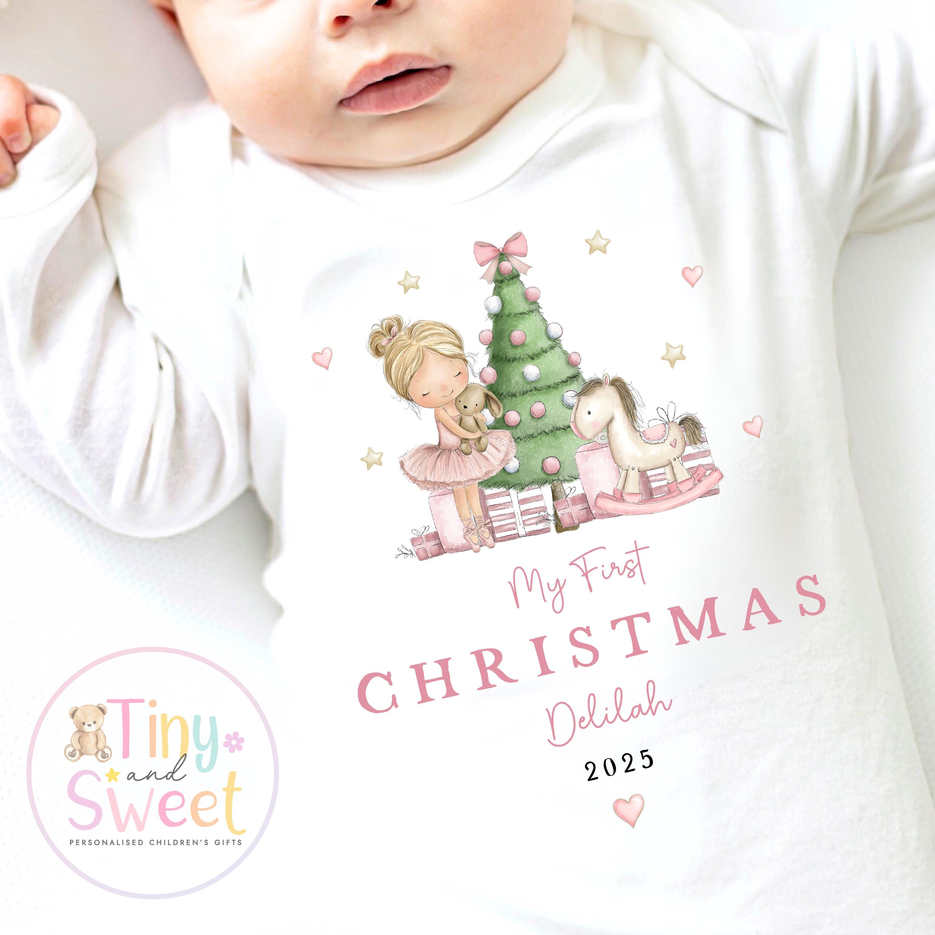 Personalised My First Christmas Ballerina Nutcracker Sleepsuit, When I wake up it will be christmas, Babies 1st Christmas, New Baby first