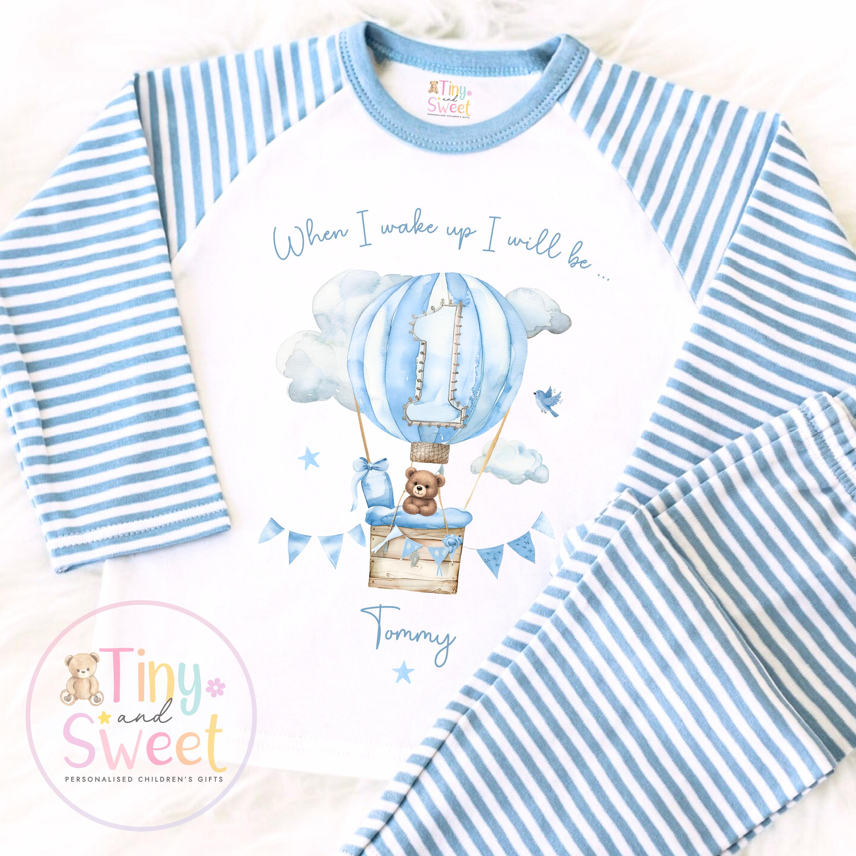 Personalised Blue Hot Air Balloon Birthday Pyjamas – Boys ‘When I Wake Up I’ll Be…’ PJs – Toddler Birthday Pjs, Cute Teddy Bear Pyjamas