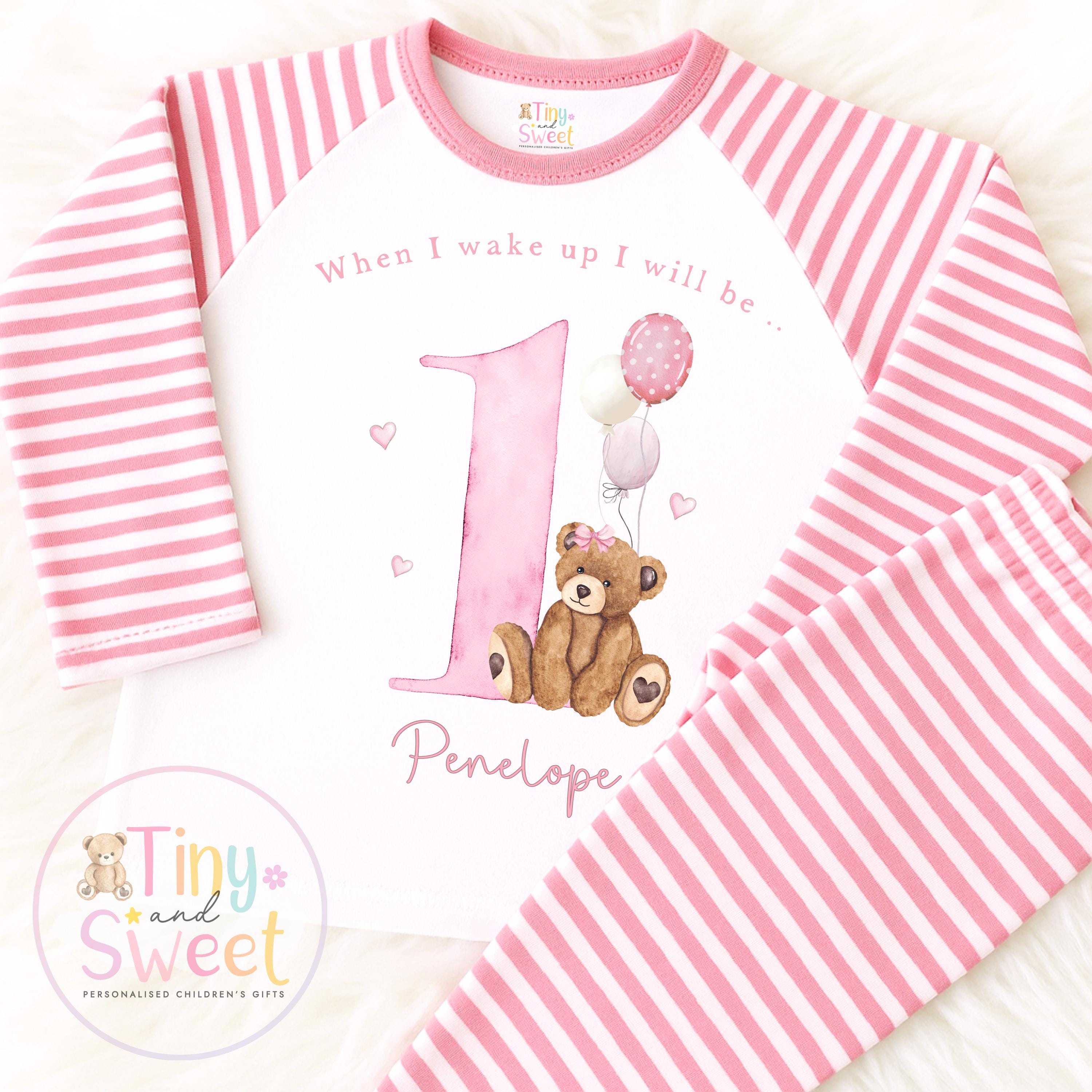 Pink Teddy Bear Birthday Pyjamas, When I Wake Up I’ll Be..., Teddy Bear Birthday PJs, Pink Girls Sleepwear, Personalised Teddy Toddler Pjs