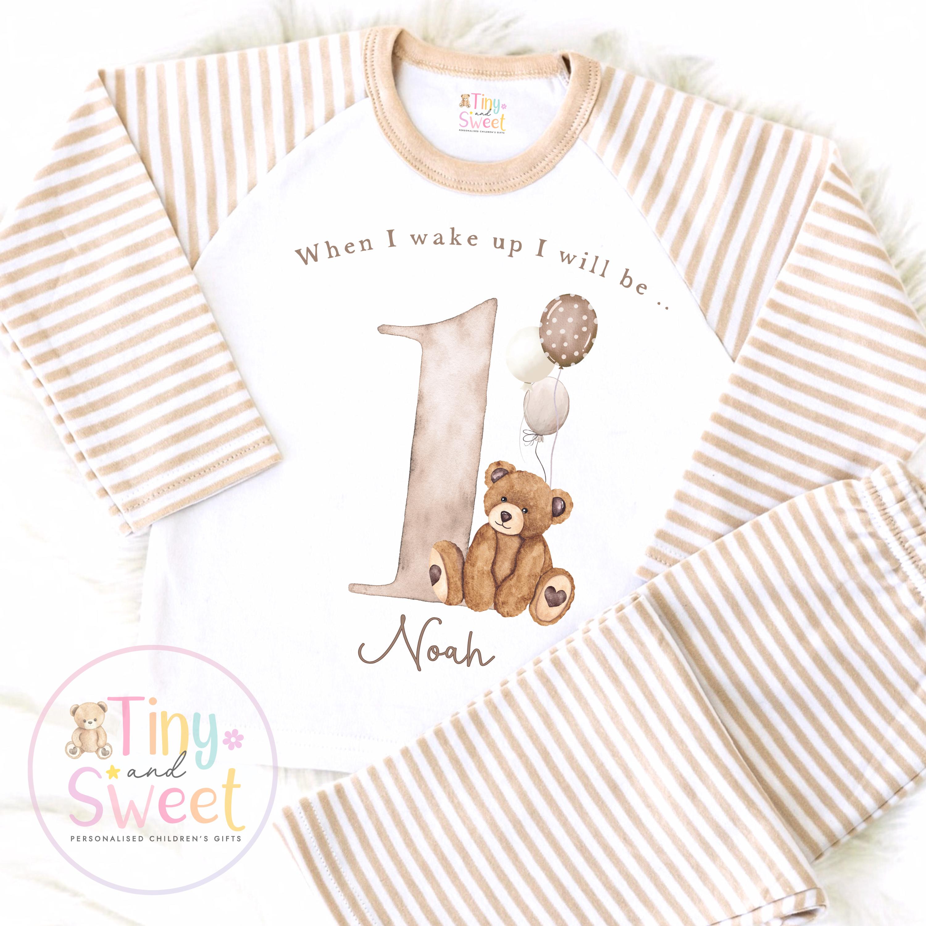 Beige Teddy Bear Birthday Pyjamas, When I Wake Up I’ll Be..., Teddy Bear Birthday PJs, Beige Boys Girls Sleepwear, Personalised Teddy Pjs