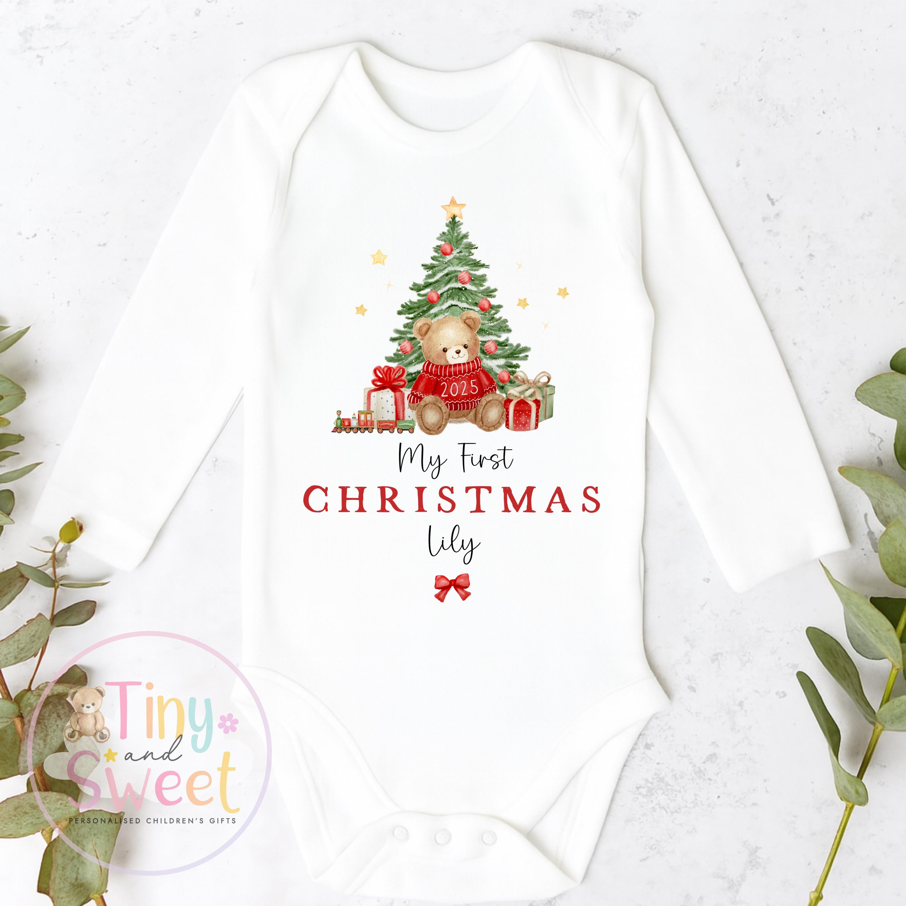 Personalised First Christmas Teddy Bear Baby Grow , My First Christmas, Custom Name Sleepsuit, Baby’s First Christmas, Xmas Baby Outfit