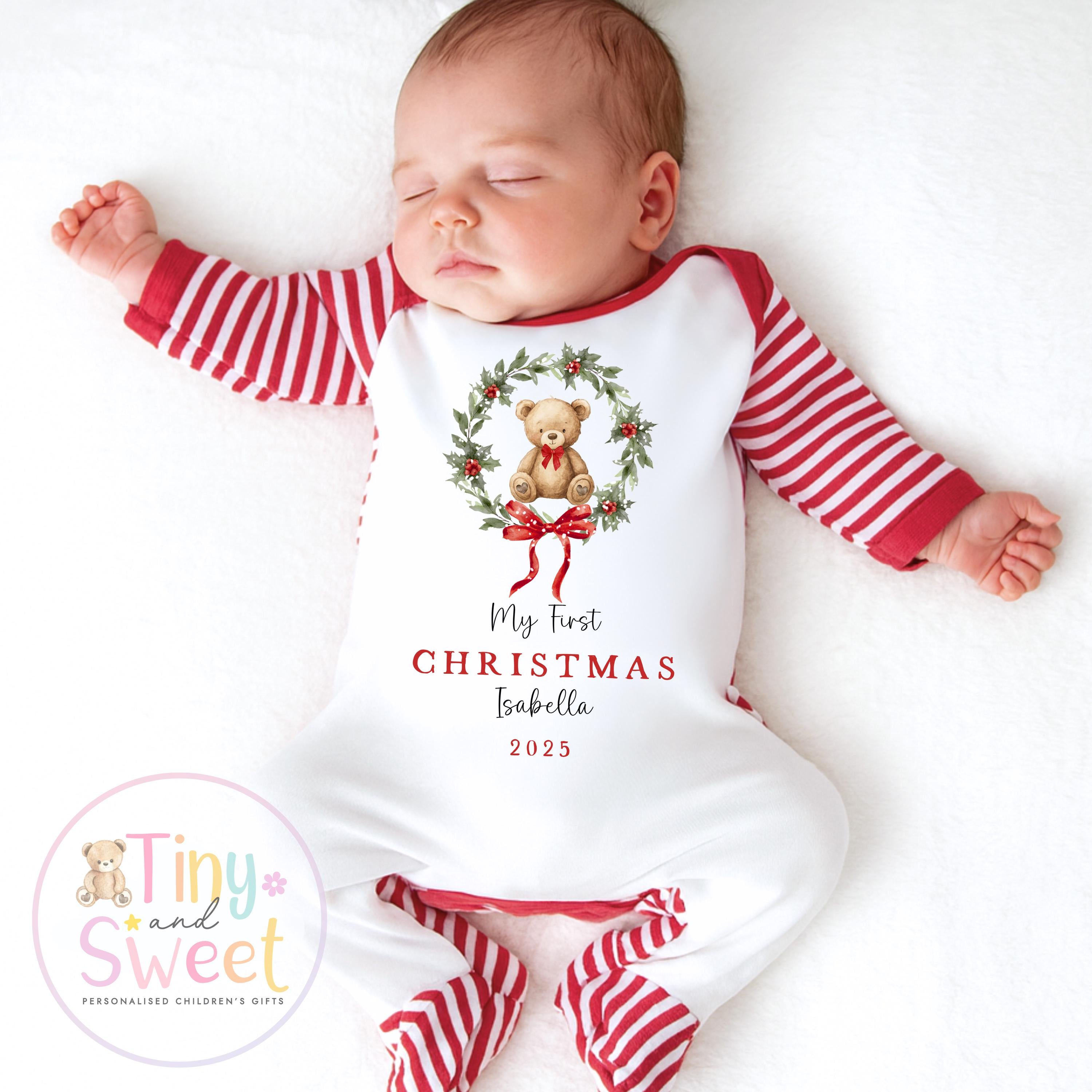 Personalised First Christmas Teddy Baby Grow , My First Christmas, Custom Name Sleepsuit, Baby’s First Christmas, Christmas Baby Outfit