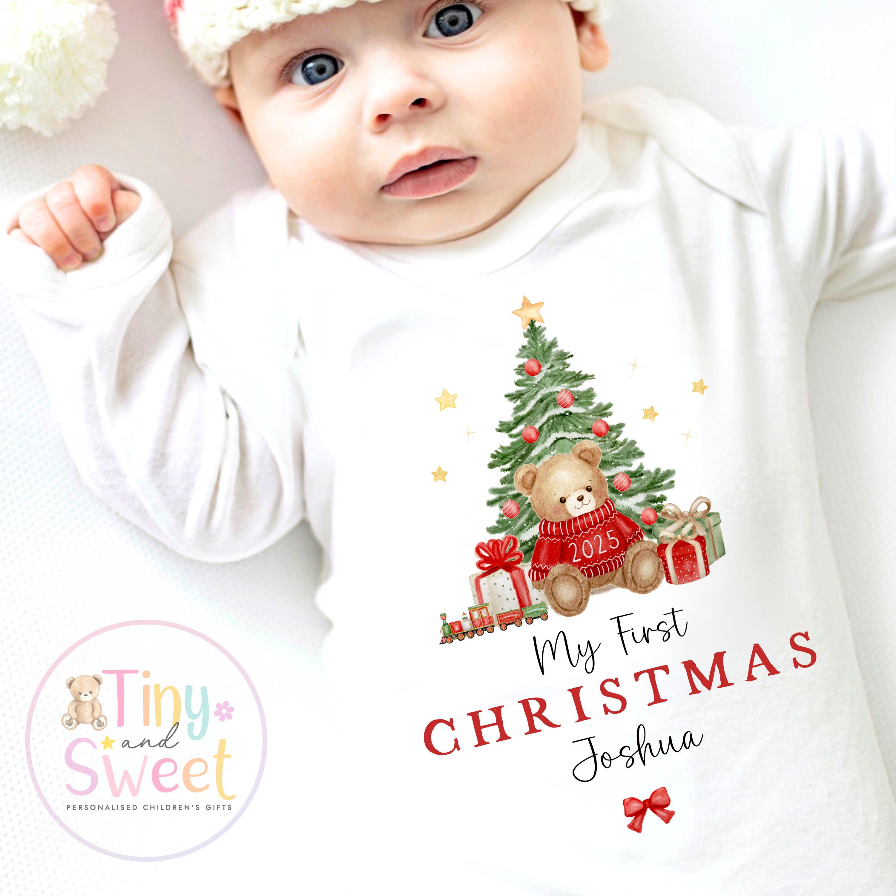 Personalised First Christmas Teddy Bear Baby Grow , My First Christmas, Custom Name Sleepsuit, Baby’s First Christmas, Xmas Baby Outfit