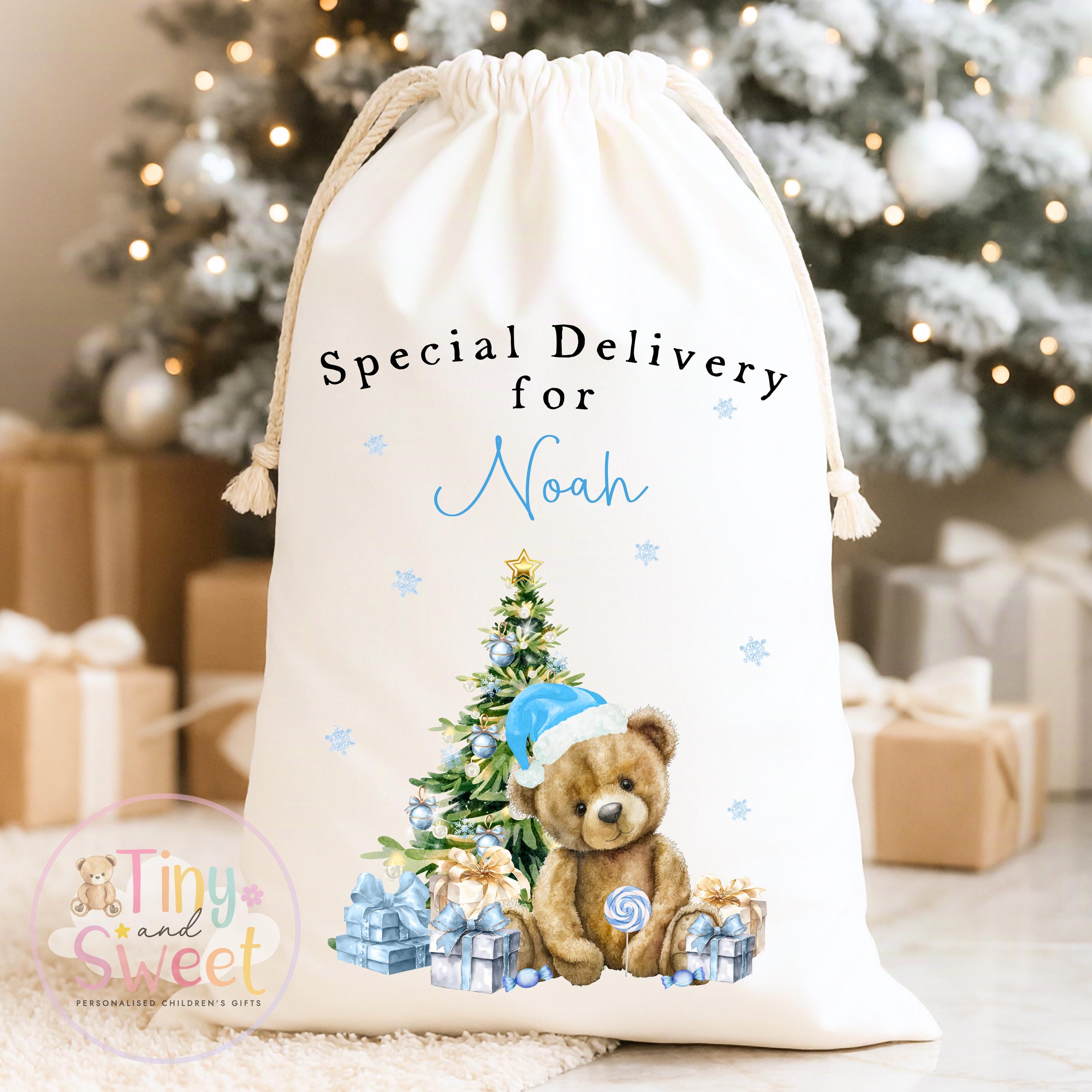 Blue Classic Teddy Personalised Christmas Sack