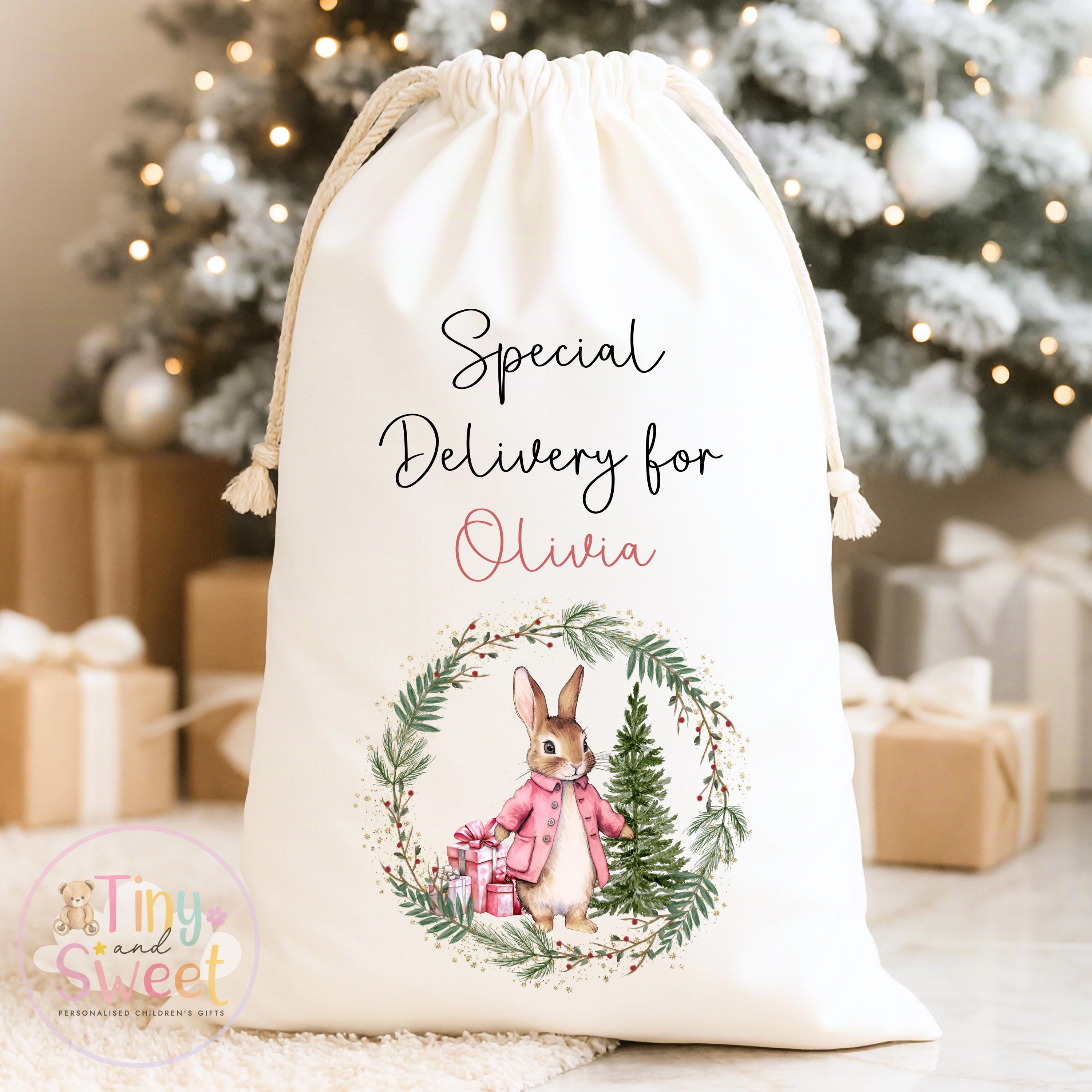 Pink Bunny Wreath Personalised Christmas Sack