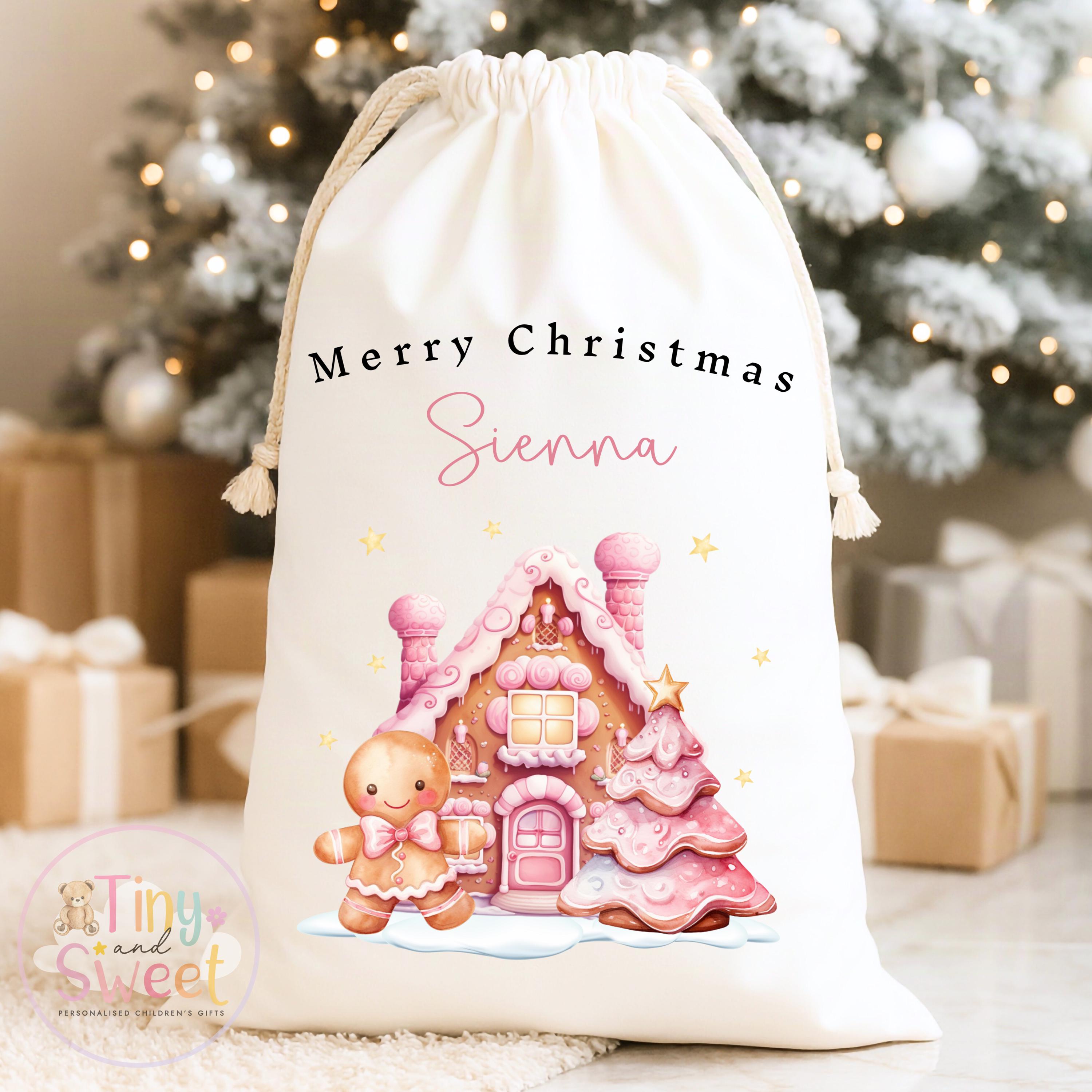 Pink Gingerbread House Personalised Christmas Sack