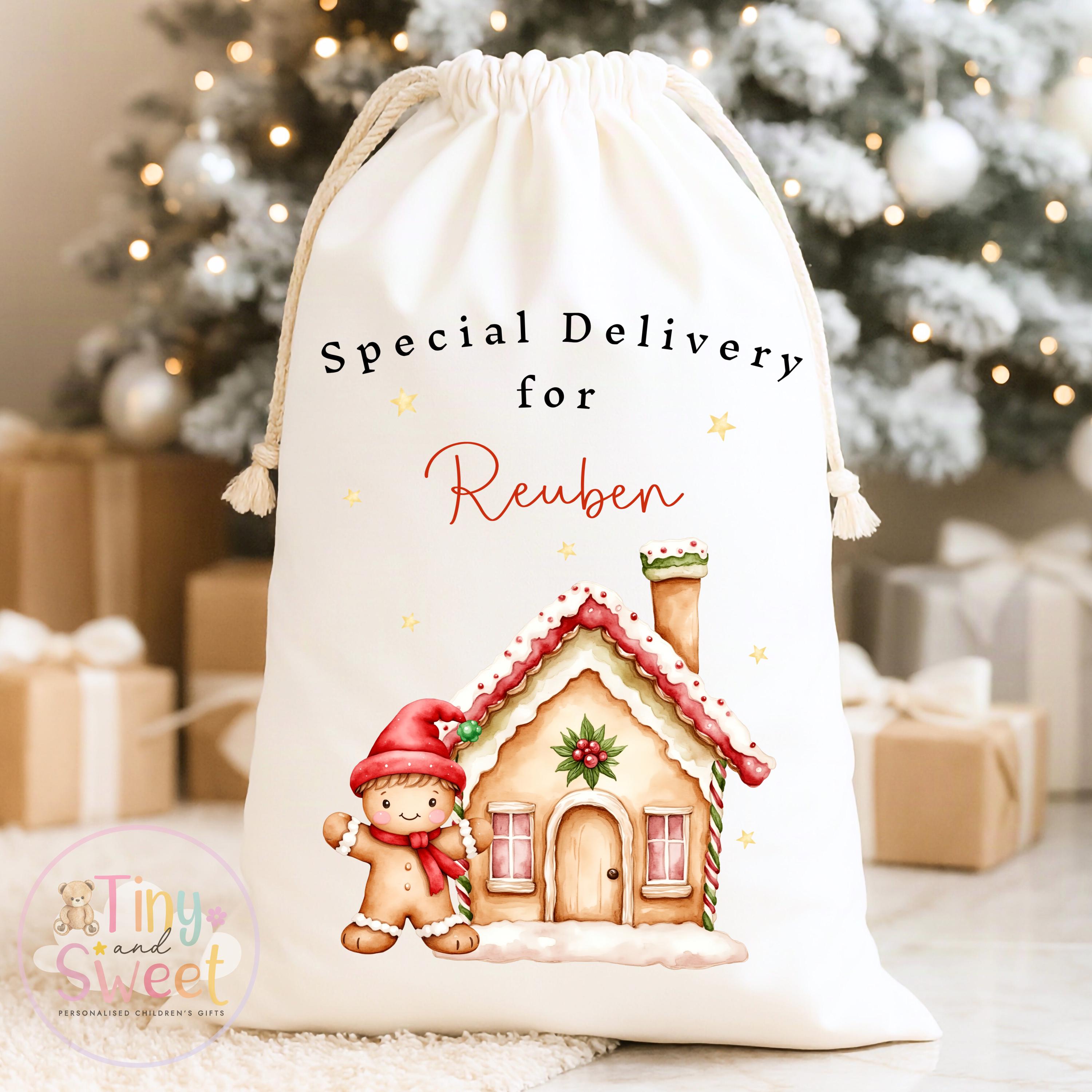 Red Gingerbread House Personalised Christmas Sack