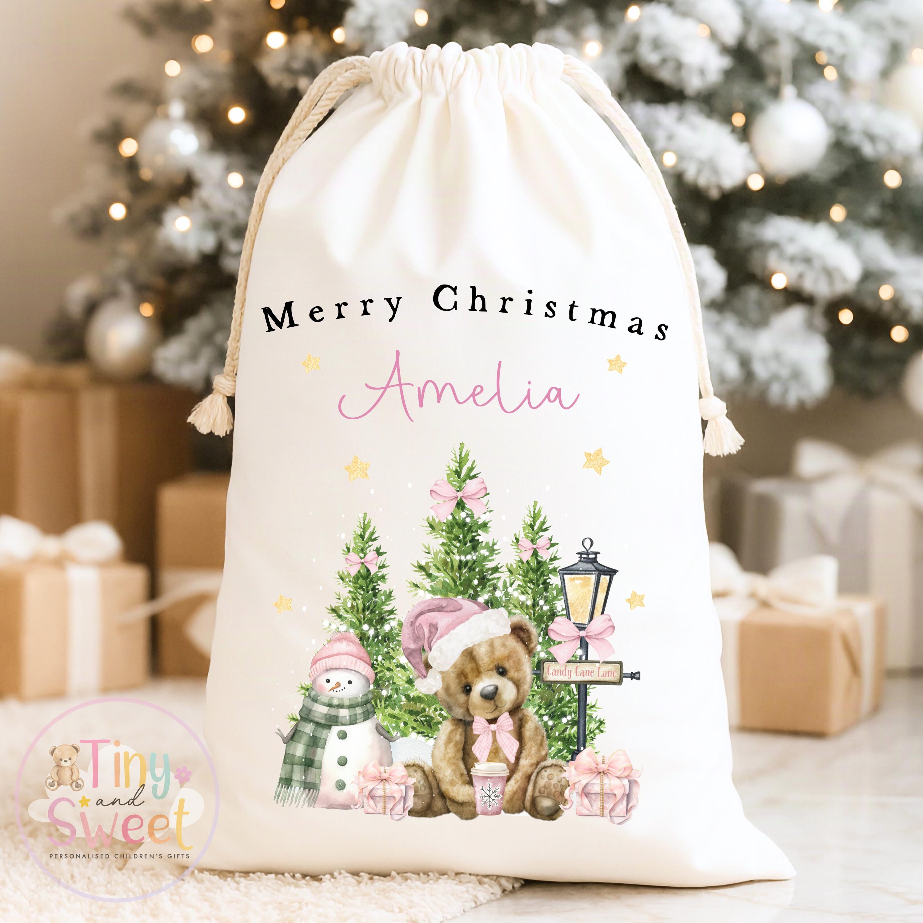 Pink Teddy Bear Winter Wonderland Personalised Christmas Sack