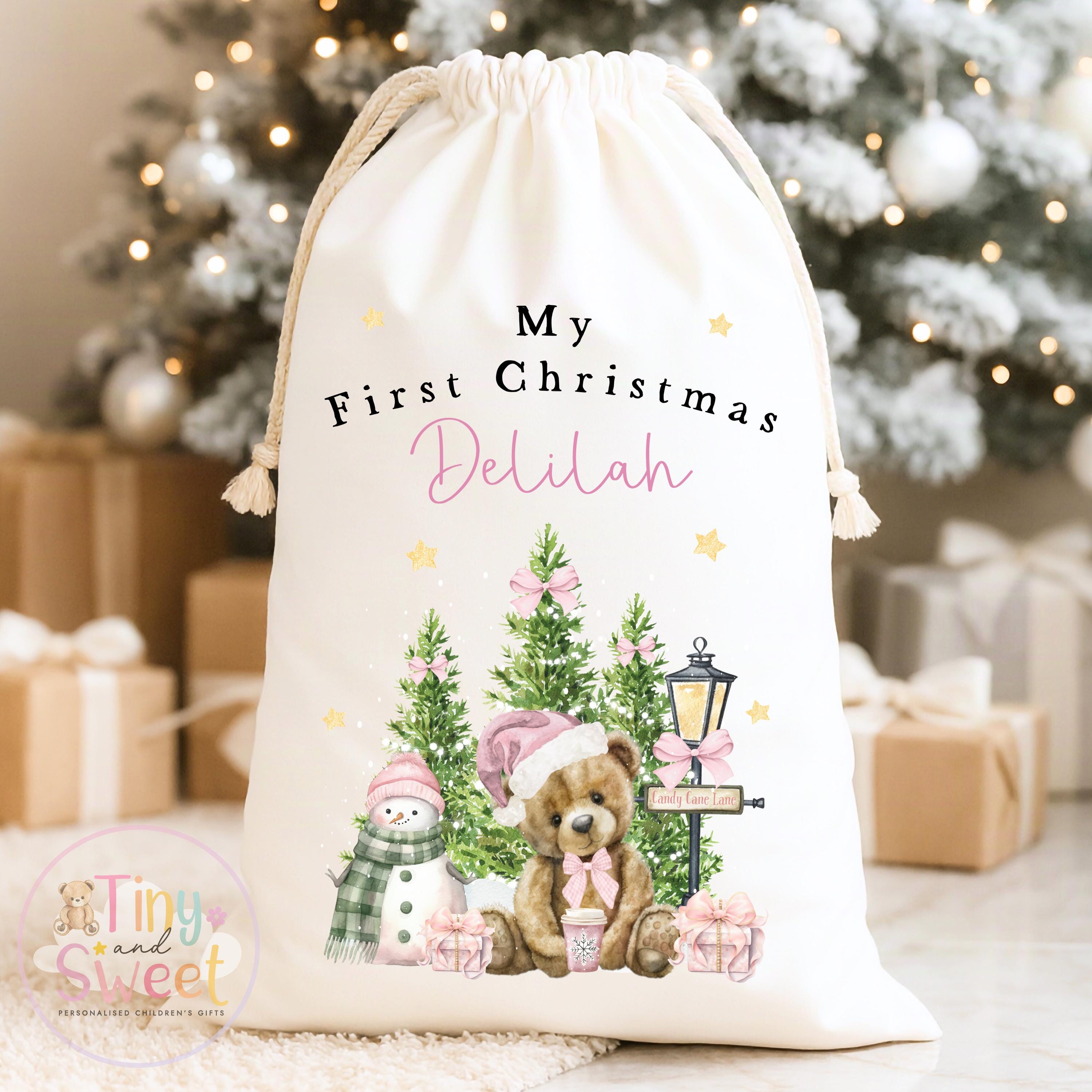 Pink Teddy Bear Winter Wonderland Personalised Christmas Sack