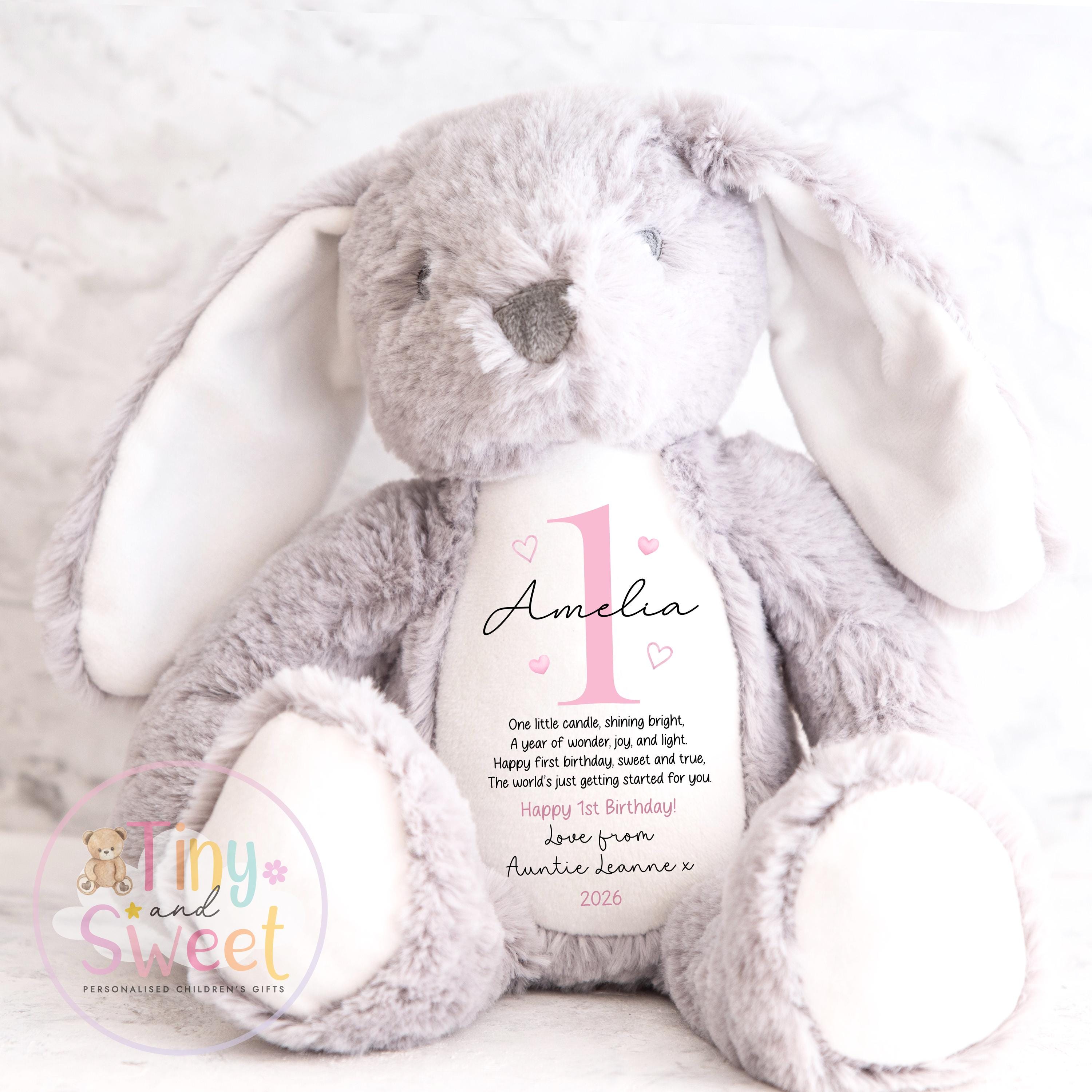 Personalised First Birthday Bunny: Customised Soft Plush Toy Gift for Baby Girls and Boys, Personalised 1st Birthday Gift, 1st Birthday Gift
