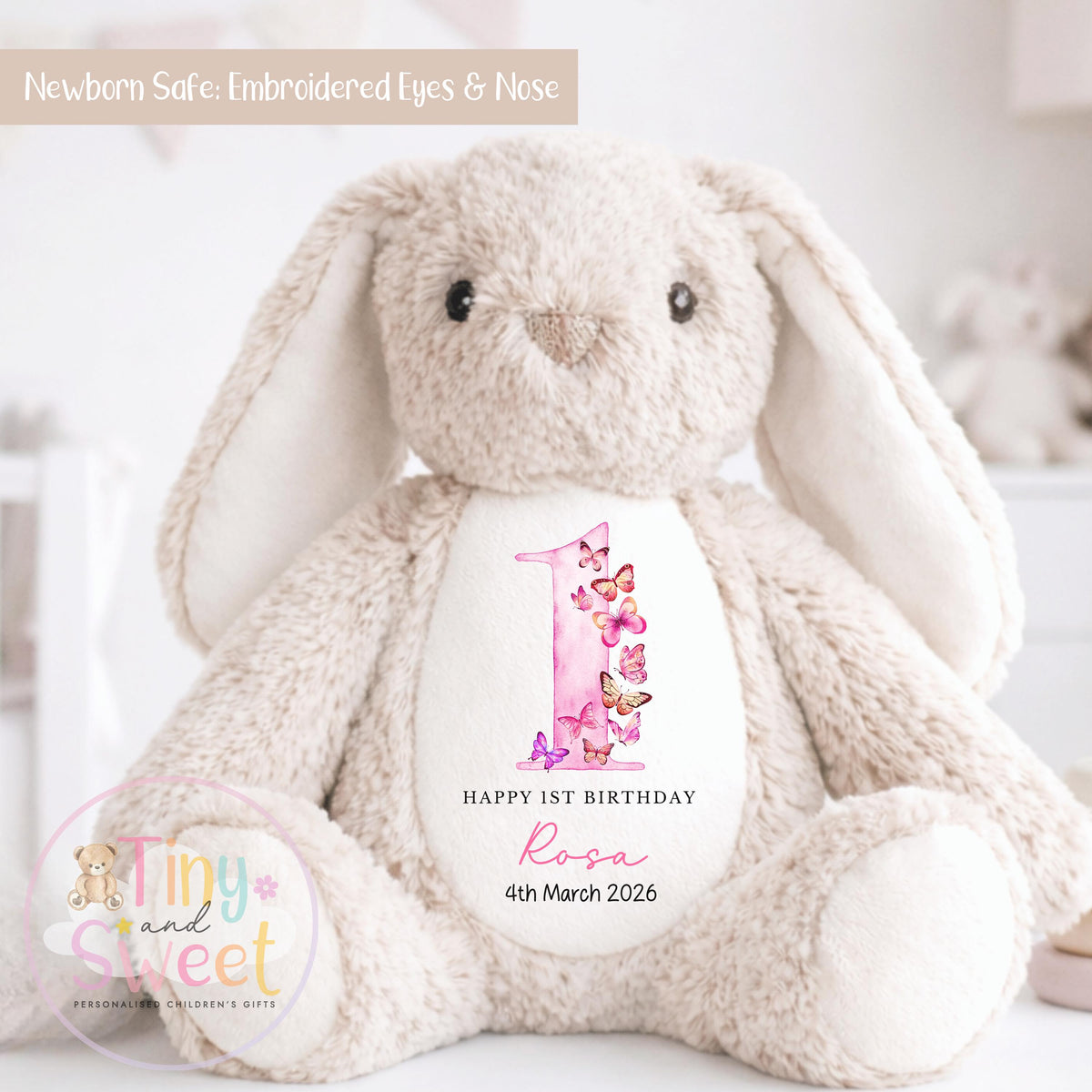 Personalised First Birthday Bunny: Customised Soft Plush Toy Gift for Baby Girls and Boys, Personalised 1st Birthday Gift, 1st Birthday Gift
