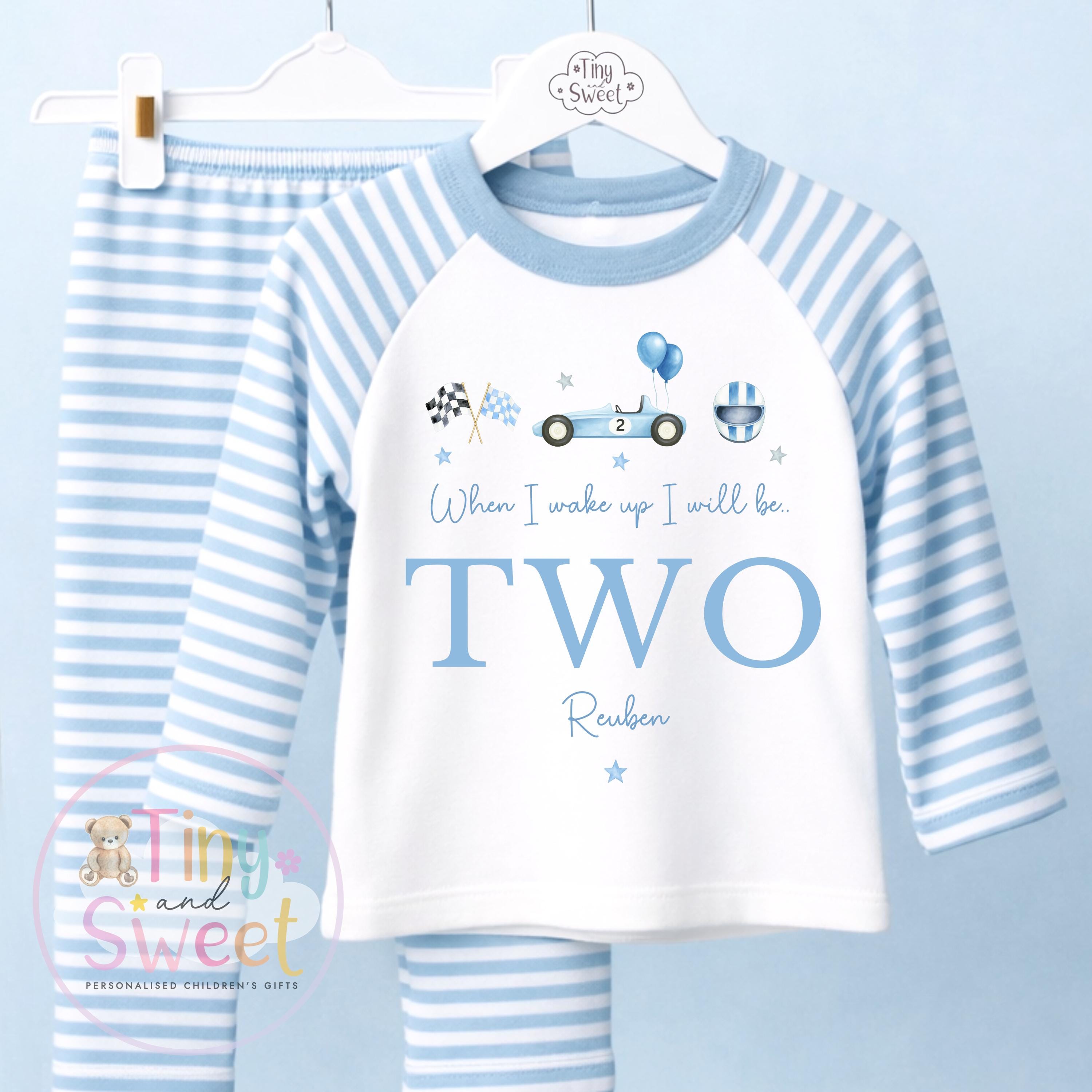 Blue Racing Car Personalised Set – “When I Wake Up I’ll Be” Kids – Custom Name Race Car Outfit – Boys Birthday Gift