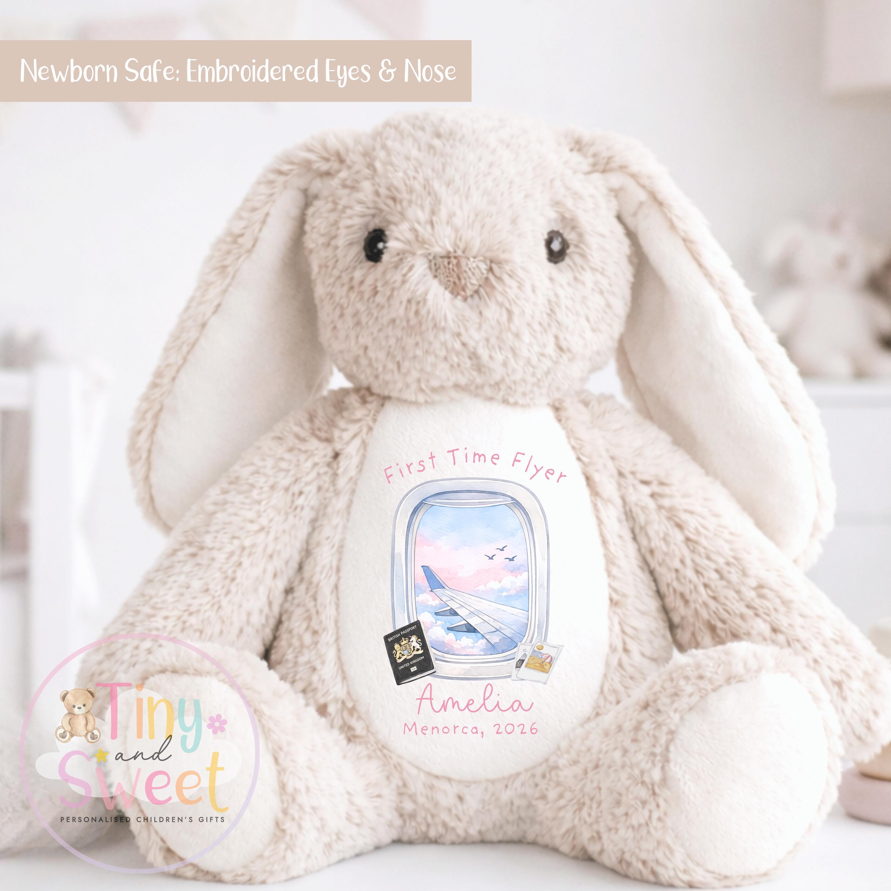 My First Flight Gift, 1st Time Flyer, Holiday Bunny Toy, Personalised Holiday Bunny, Soft Toy Keepsake, Name Bunny, Toddler Gift