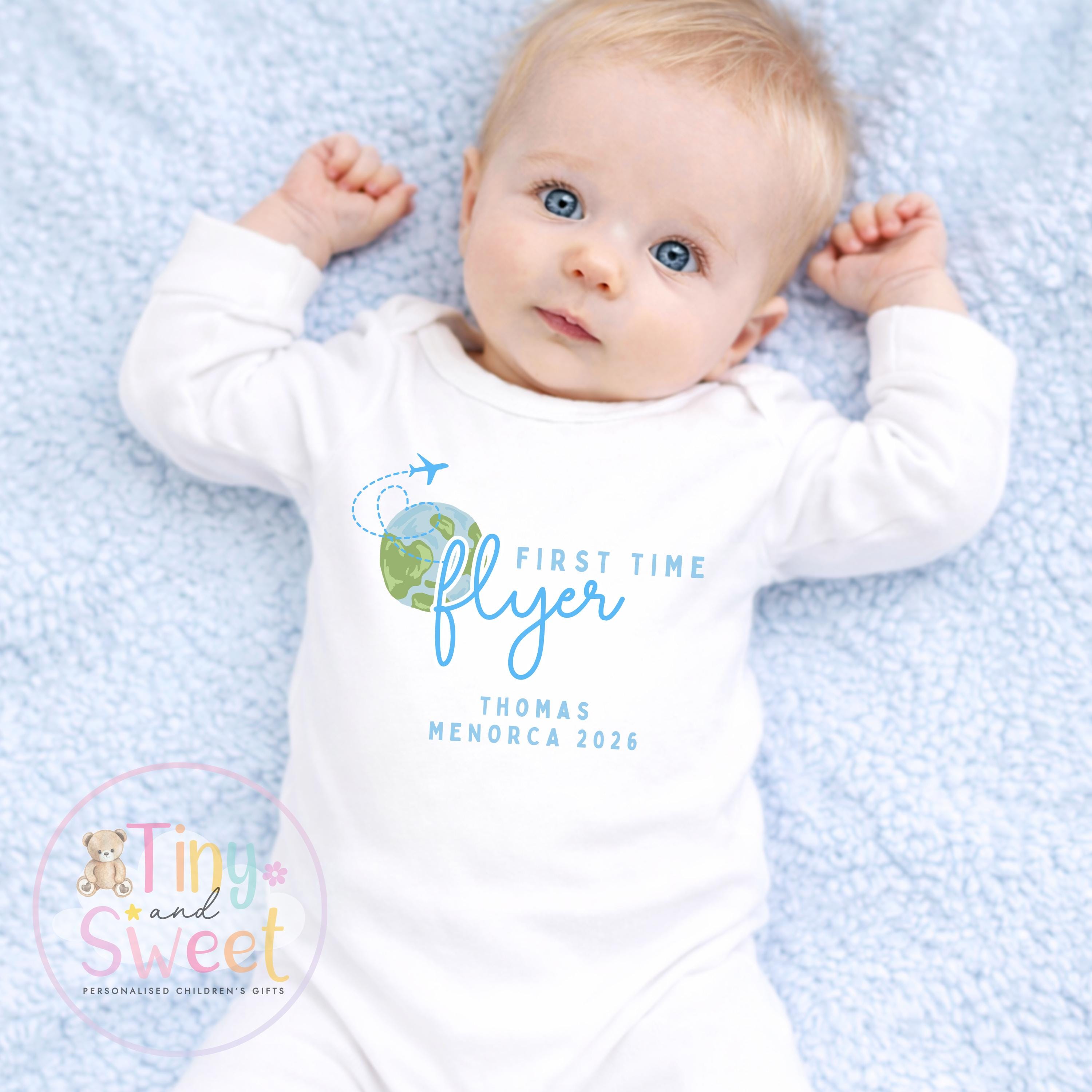 First Time Flyer T-Shirt, Personalised Baby Travel Outfit, Baby’s First Holiday Shirt, Cute Summer Travel Outfit, My First Plane Design