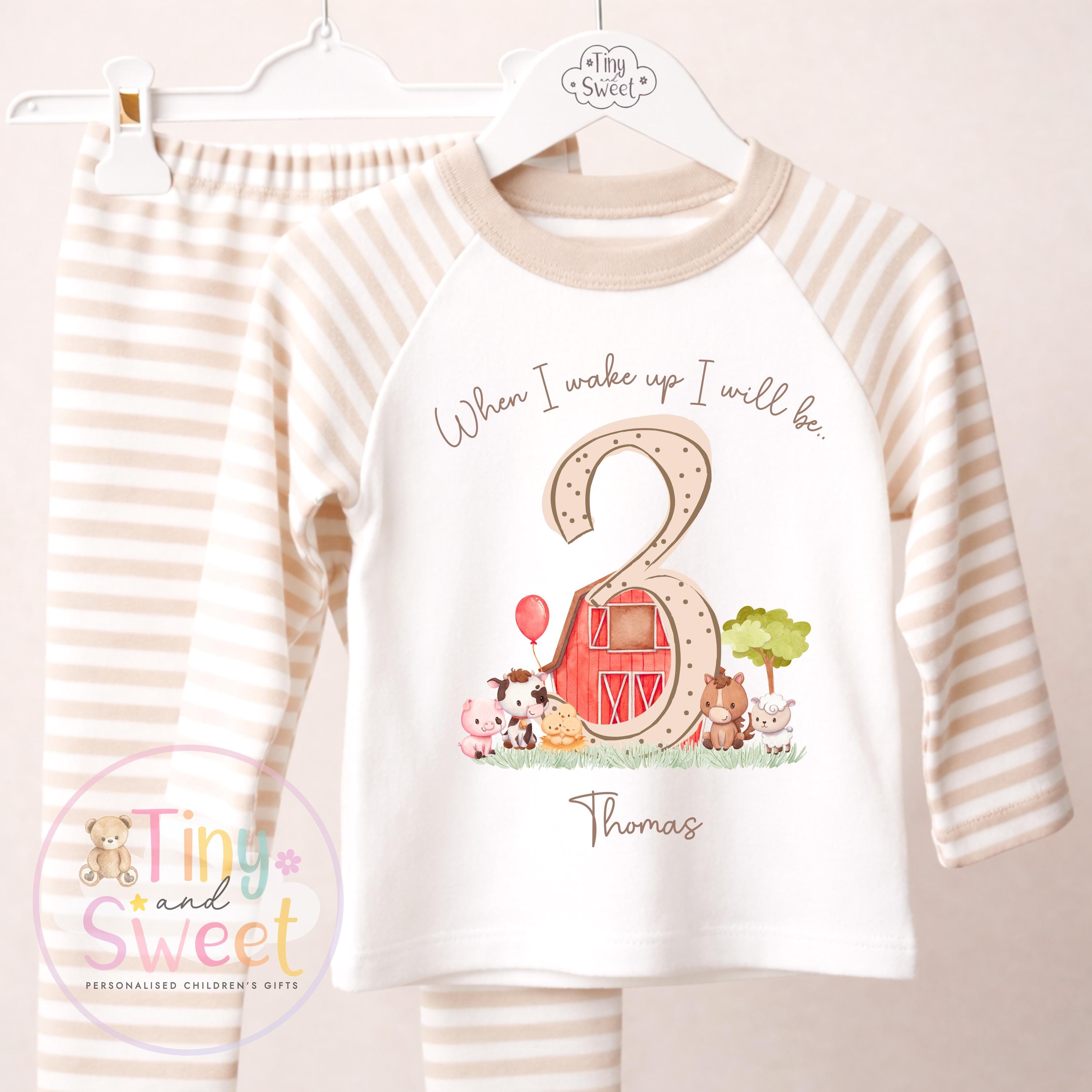 Beige Farm Birthday Pyjamas, Personalised When I Wake Up I’ll Be.. - 100% Cotton