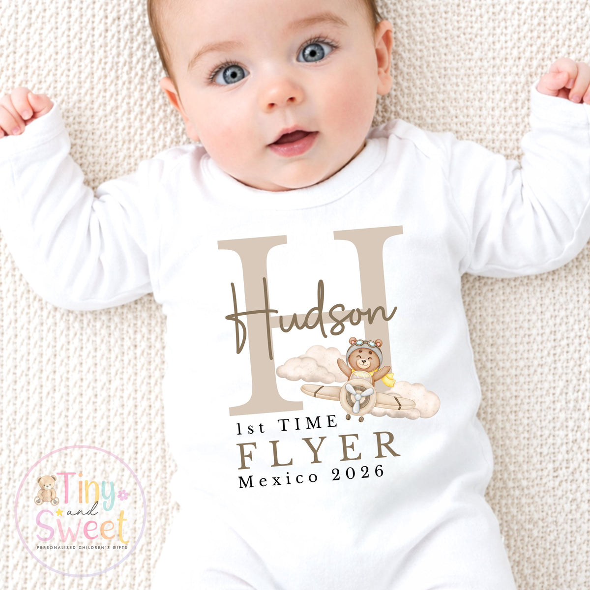 Personalised First Flight Sleepsuit Baby, First Time Flyer Bodysuit, Baby’s First Holiday Outfit, Custom Name Babygrow