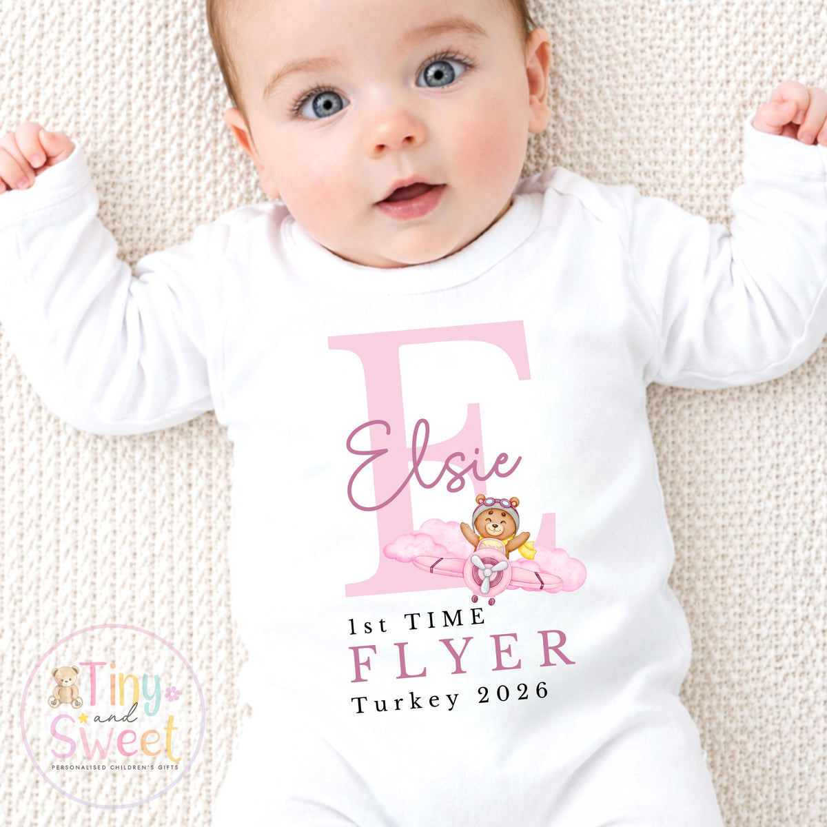 Personalised First Flight Sleepsuit Baby, First Time Flyer Bodysuit, Baby’s First Holiday Outfit, Custom Name Babygrow