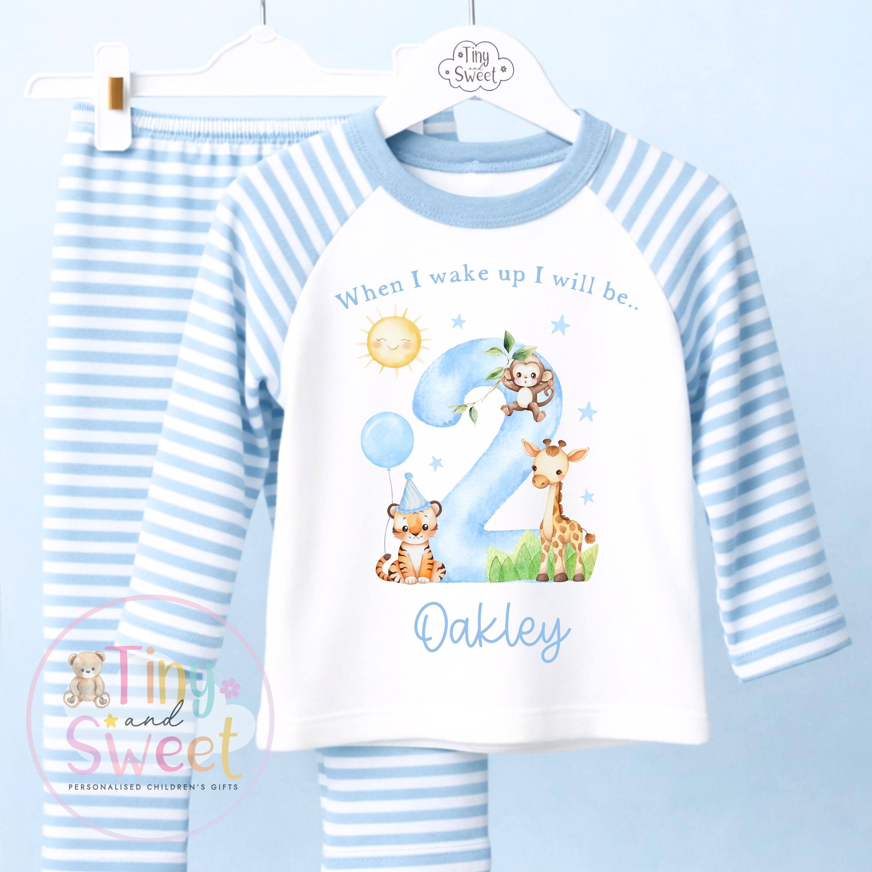 Blue Safari Animals Personalised Birthday Pyjamas, When i wake up i will be .. - 100% Cotton