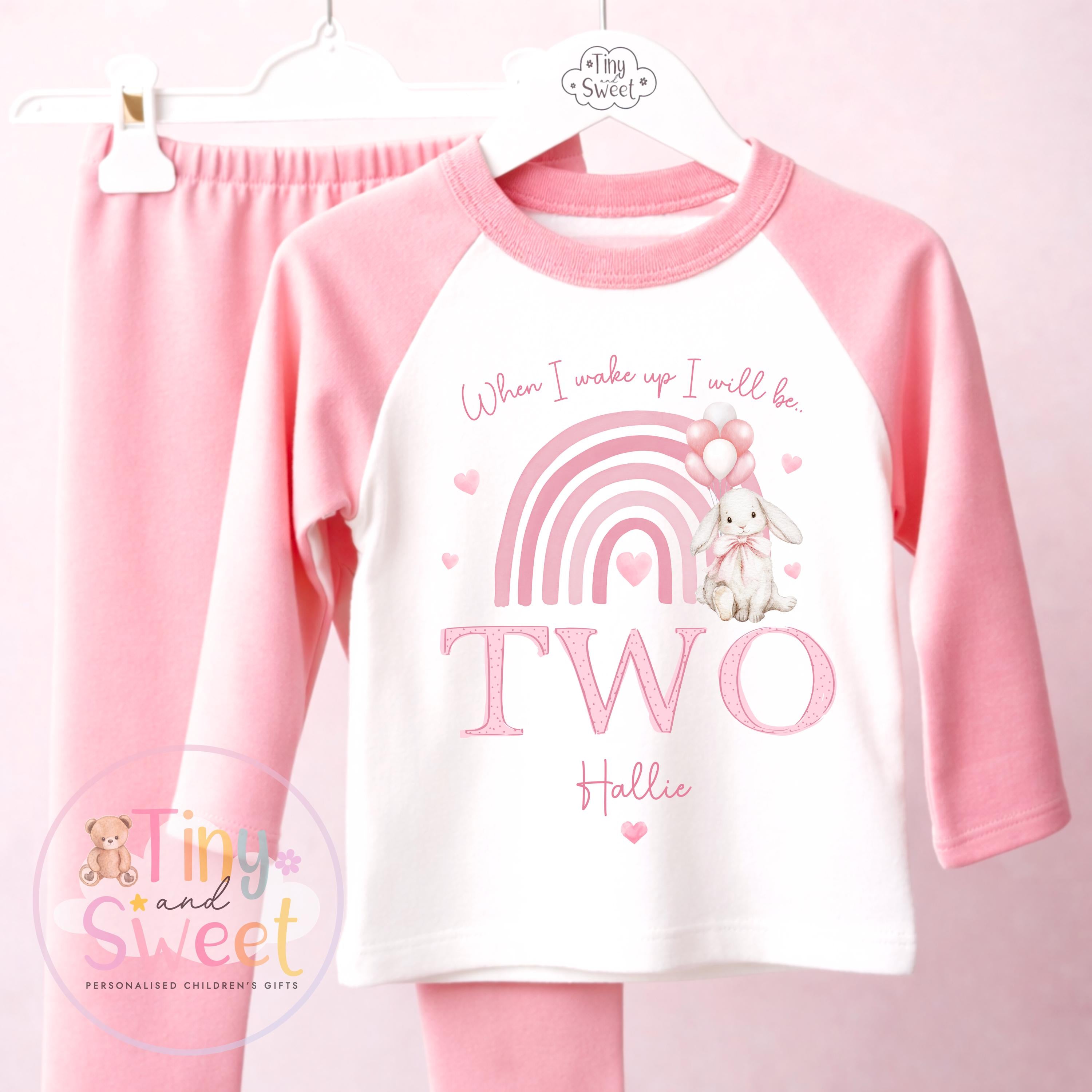 Pink Bunny Personalised Birthday Pyjamas, When I wake up I will be .. - 100% Cotton