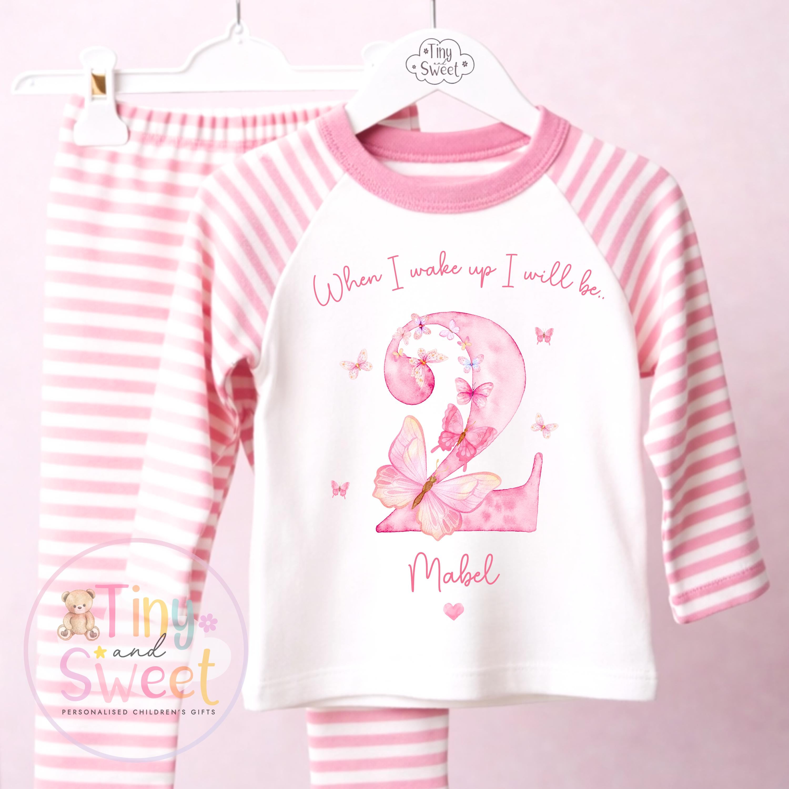 Personalised Pink Butterfly Birthday Pyjamas, Any Age, When I Wake Up Birthday Pjs, Girls Birthday Eve Outfit, 1st 2nd 3rd 4th