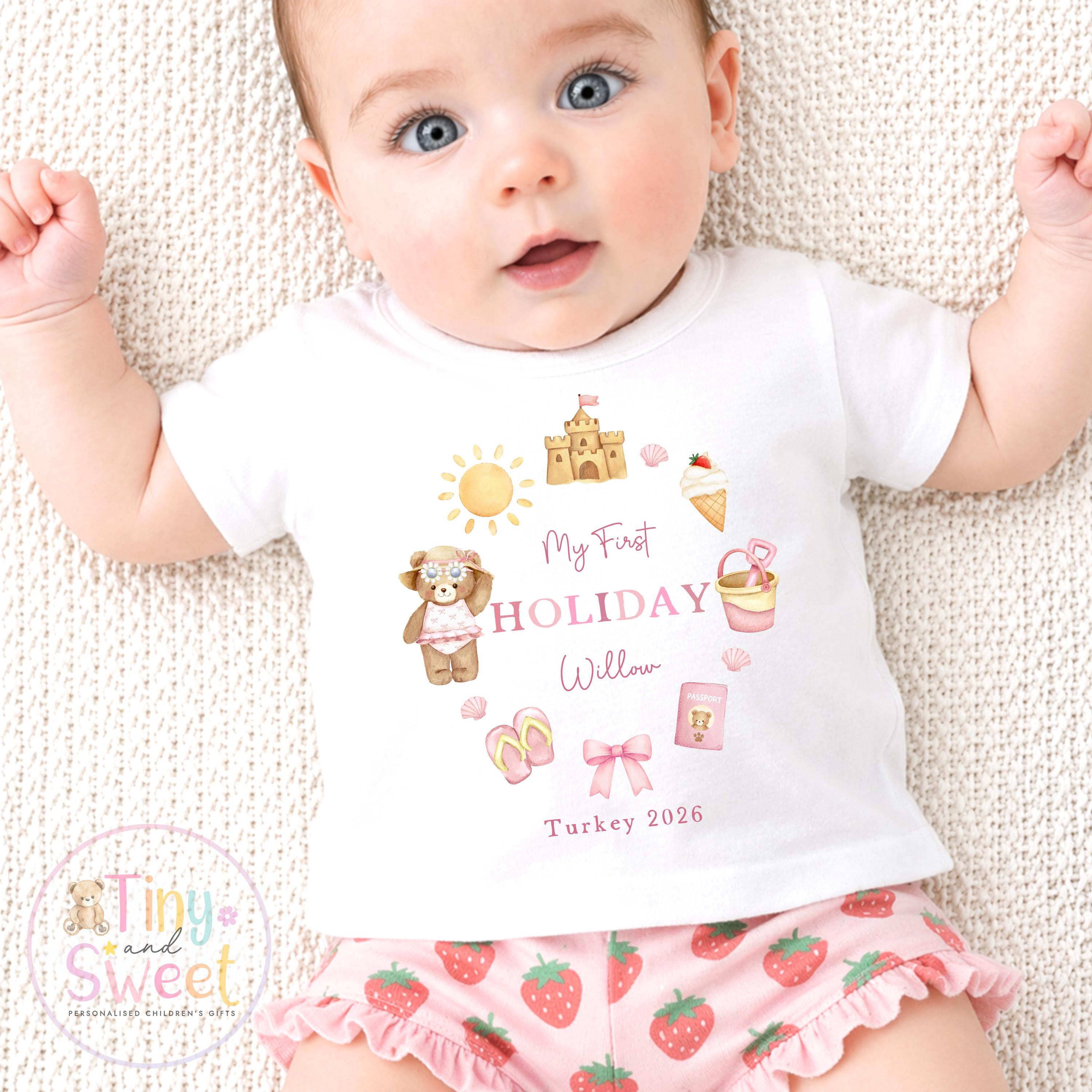 My First Holiday T Shirt, Personalised Baby Travel Outfit, Baby’s First Holiday T Shirt, Cute Summer Travel Outfit, My First Holiday