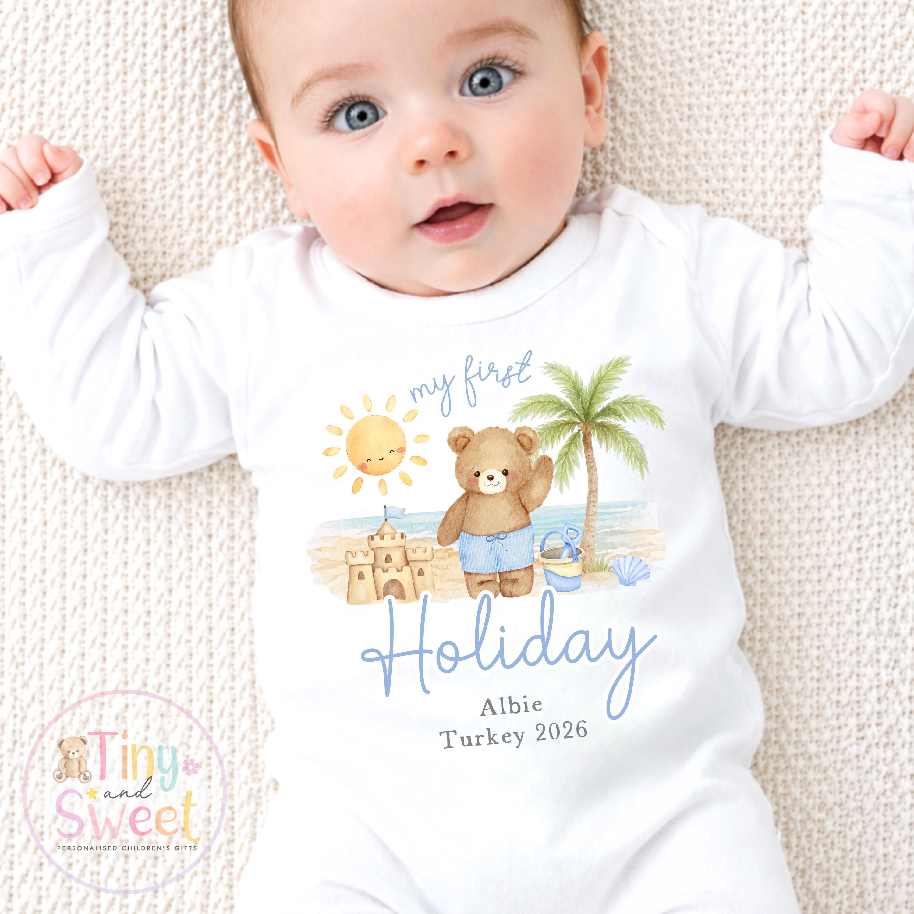 My First Holiday Sleepsuit, Personalised Baby Travel Outfit, Baby’s First Holiday T Shirt, Cute Summer Travel Outfit, My First Holiday