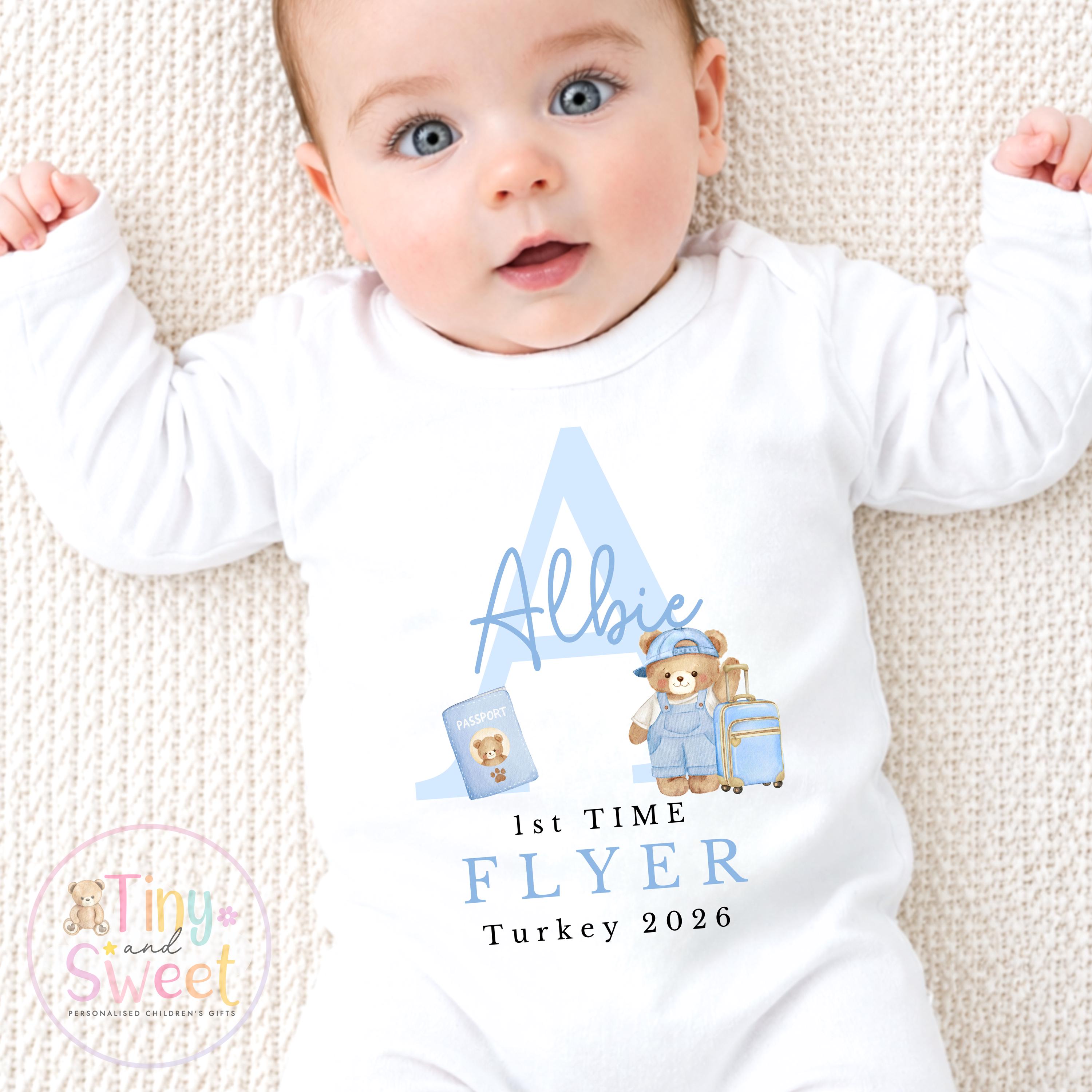 Personalised First Flight Baby T Shirt, First Time Flyer Sleepsuit, Baby’s First Holiday Outfit, Custom Babygrow Gift