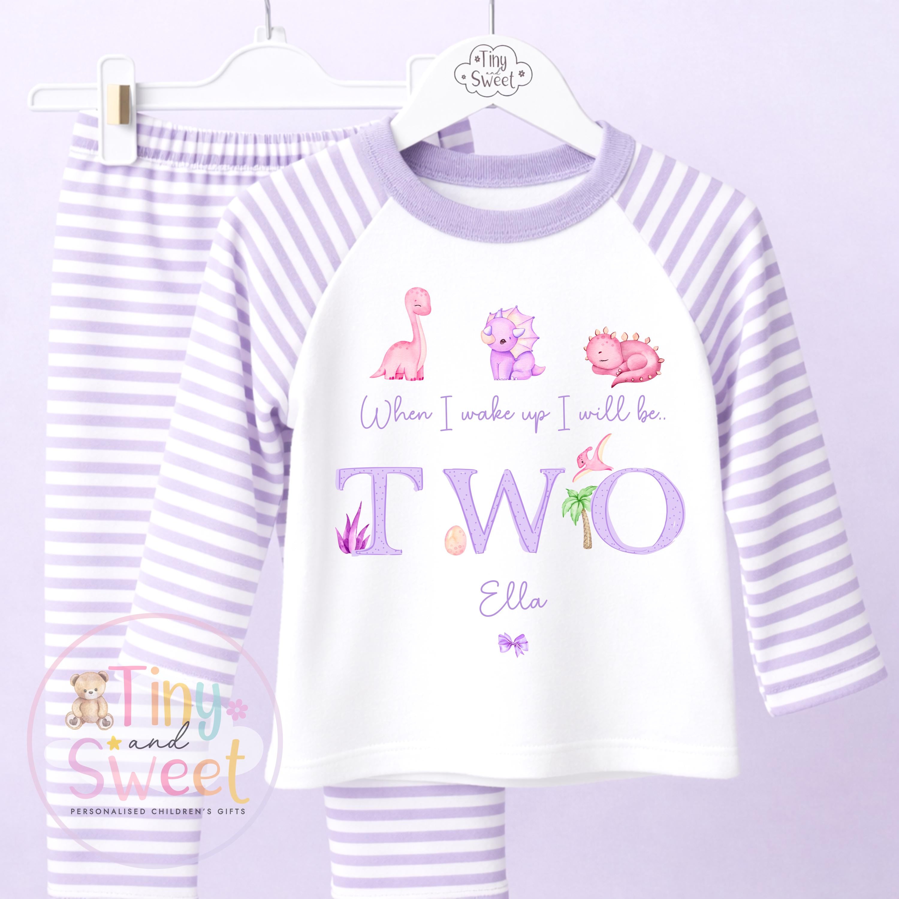Purple Girly Dinosaur Personalised Birthday Pyjamas, When I Wake up i will be .. - 100% Cotton
