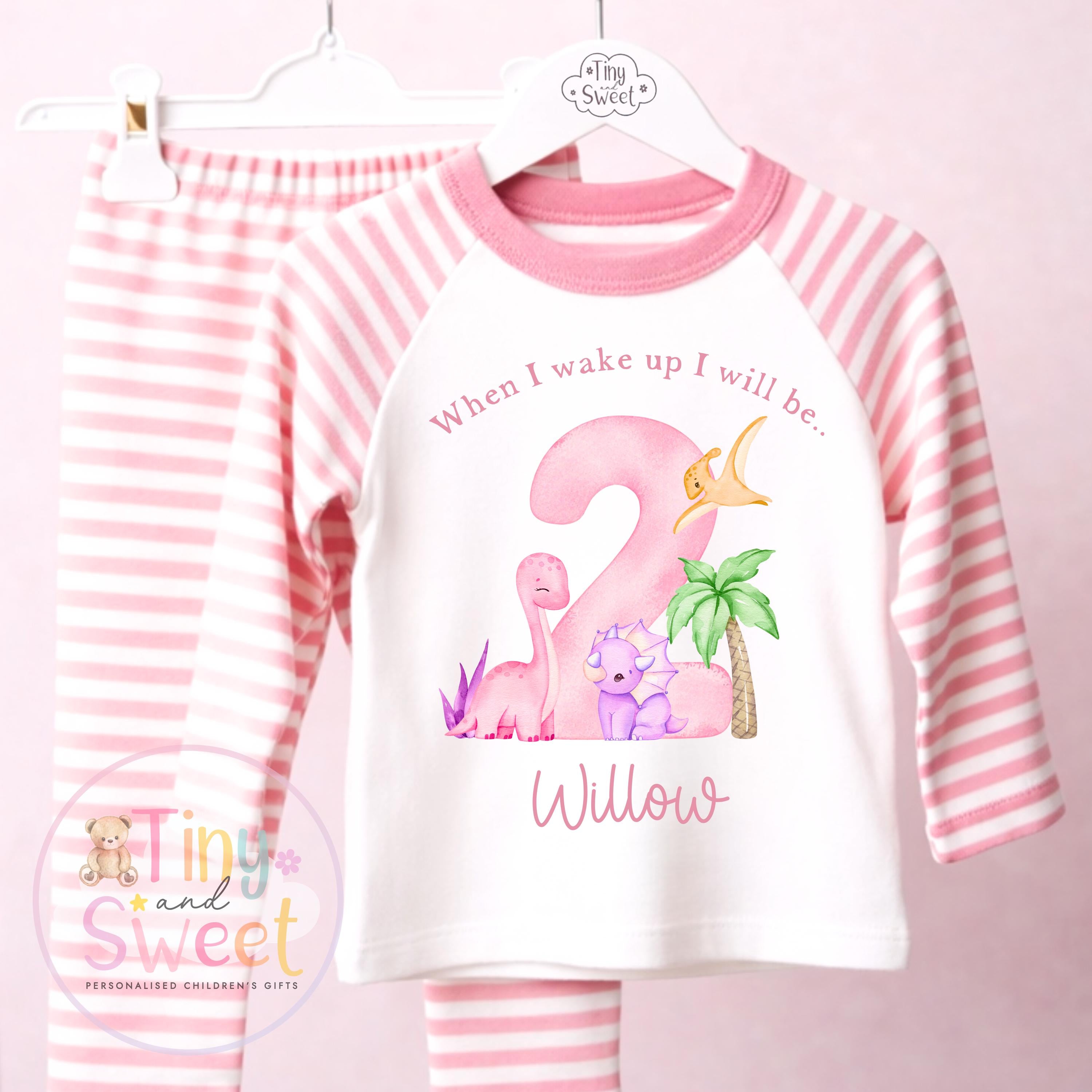 Pink Girly Dinosaur Personalised Birthday Pyjamas, When I Wake up i will be .. - 100% Cotton