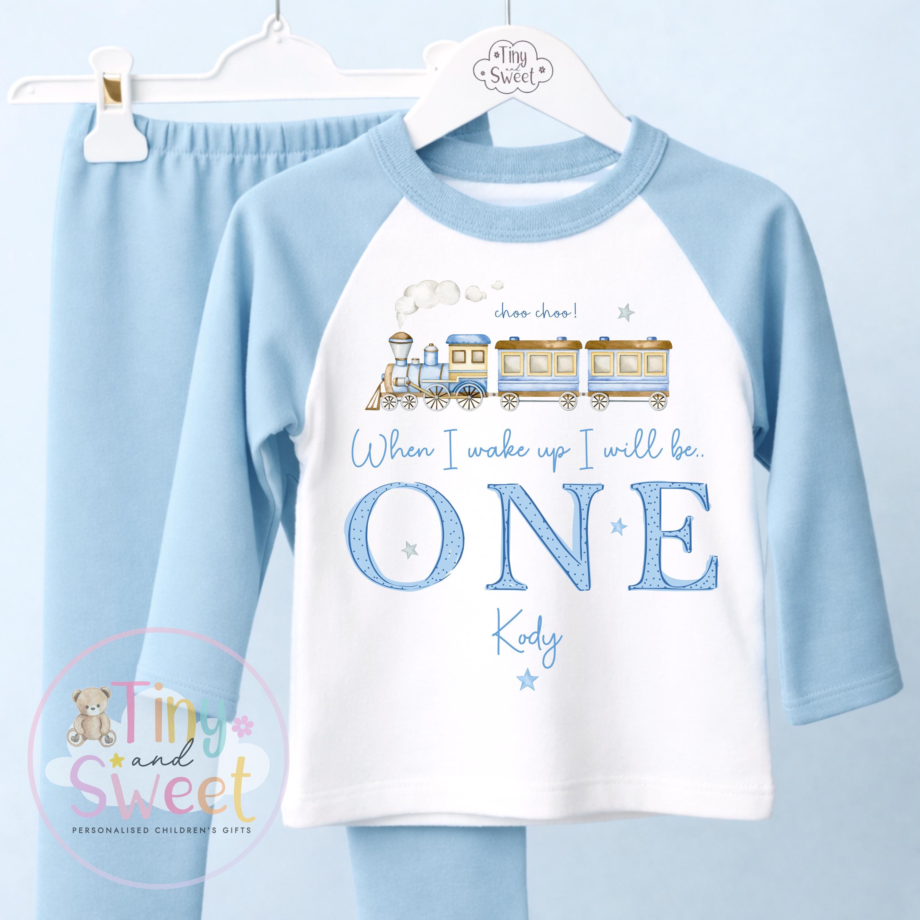 Personalised Blue Train Birthday Pyjamas, Any Age, When I Wake Up Birthday Pjs, Boys Birthday Eve Outfit, 1st 2nd 3rd