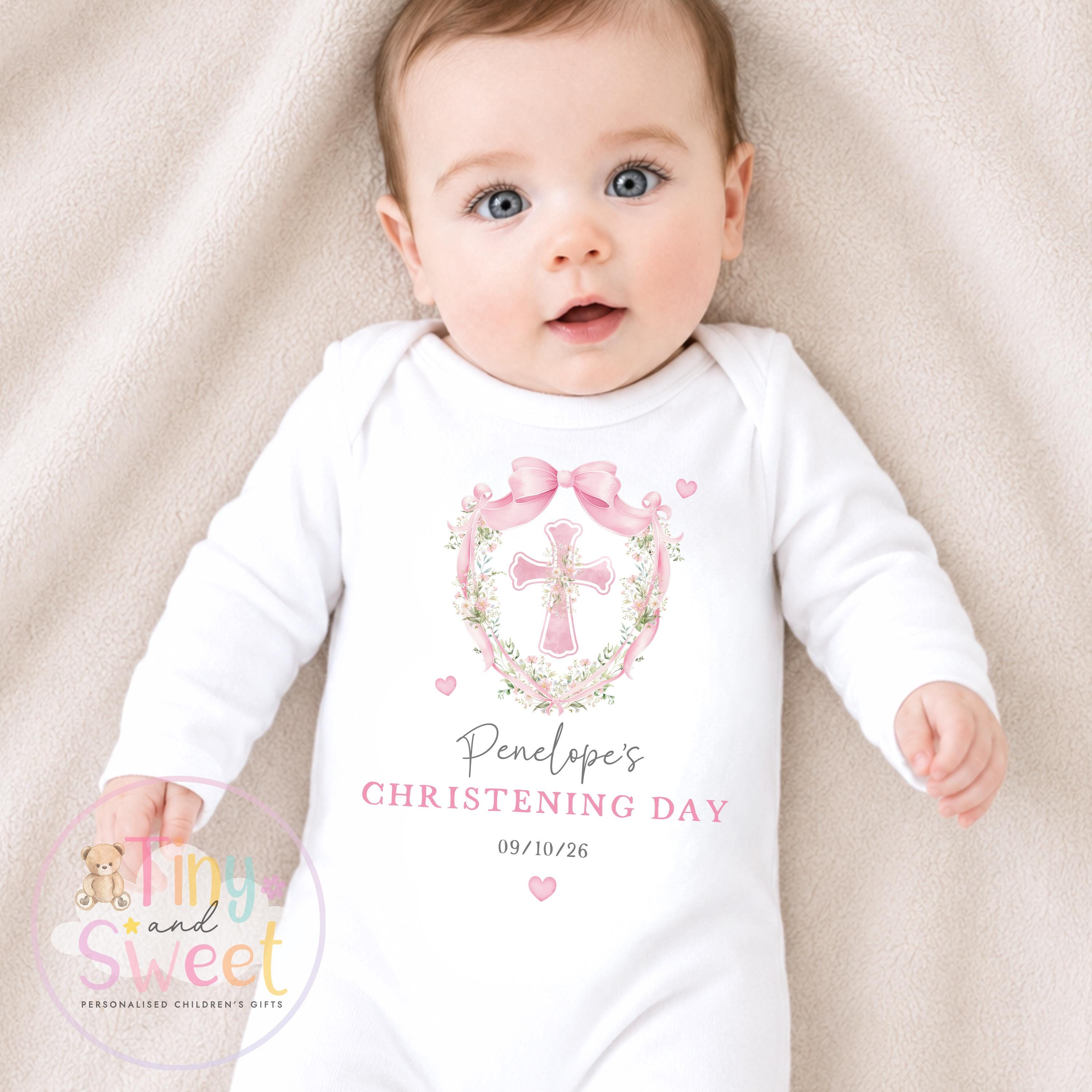 Personalised Christening Babygrow, Baptism Gift, Holy Communion, Custom Baby Girl Christening Gift, Cotton Sleepsuit