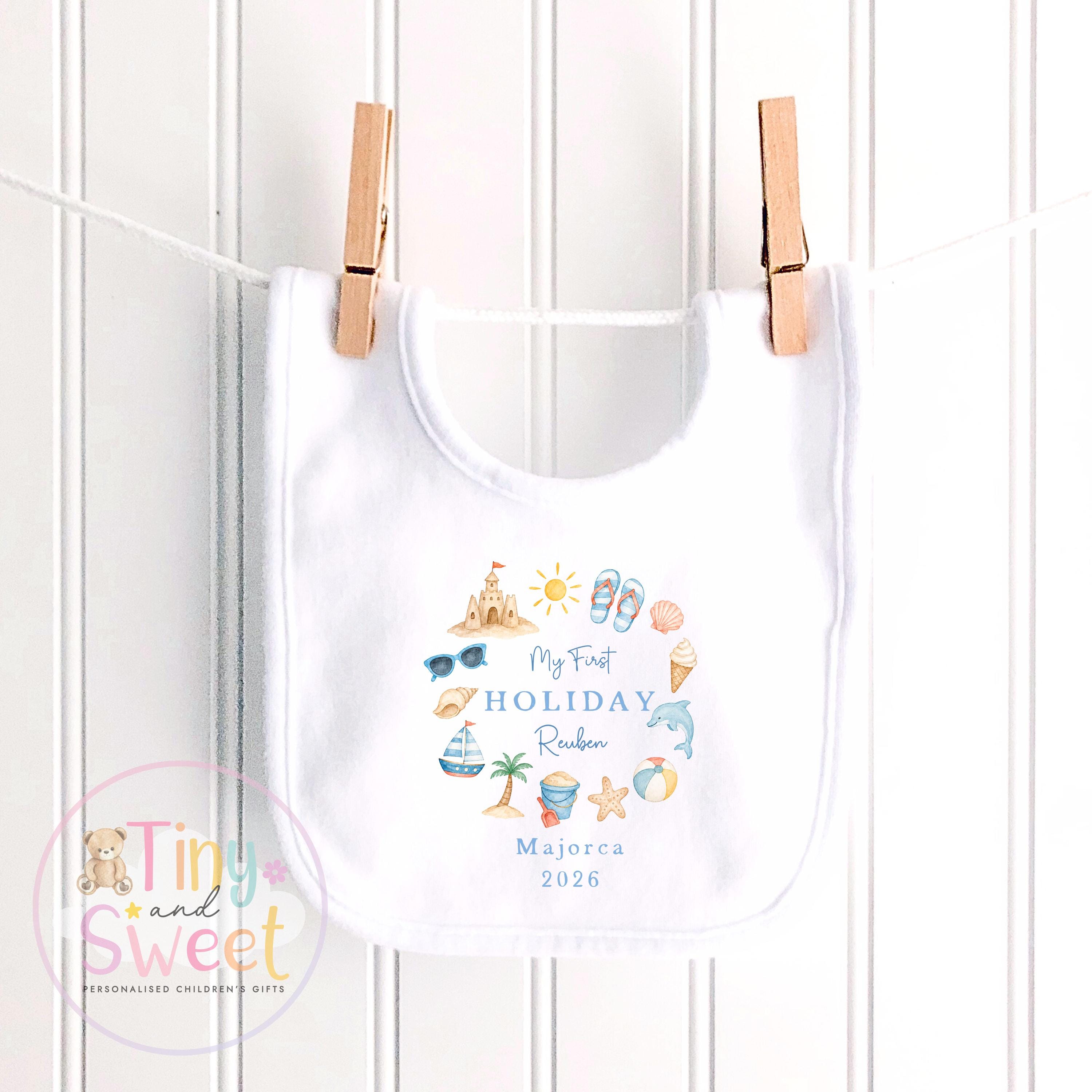 My First Holiday Sleepsuit, Personalised Baby Travel Outfit, Baby’s First Holiday T Shirt, Cute Summer Travel Outfit, My First Holiday