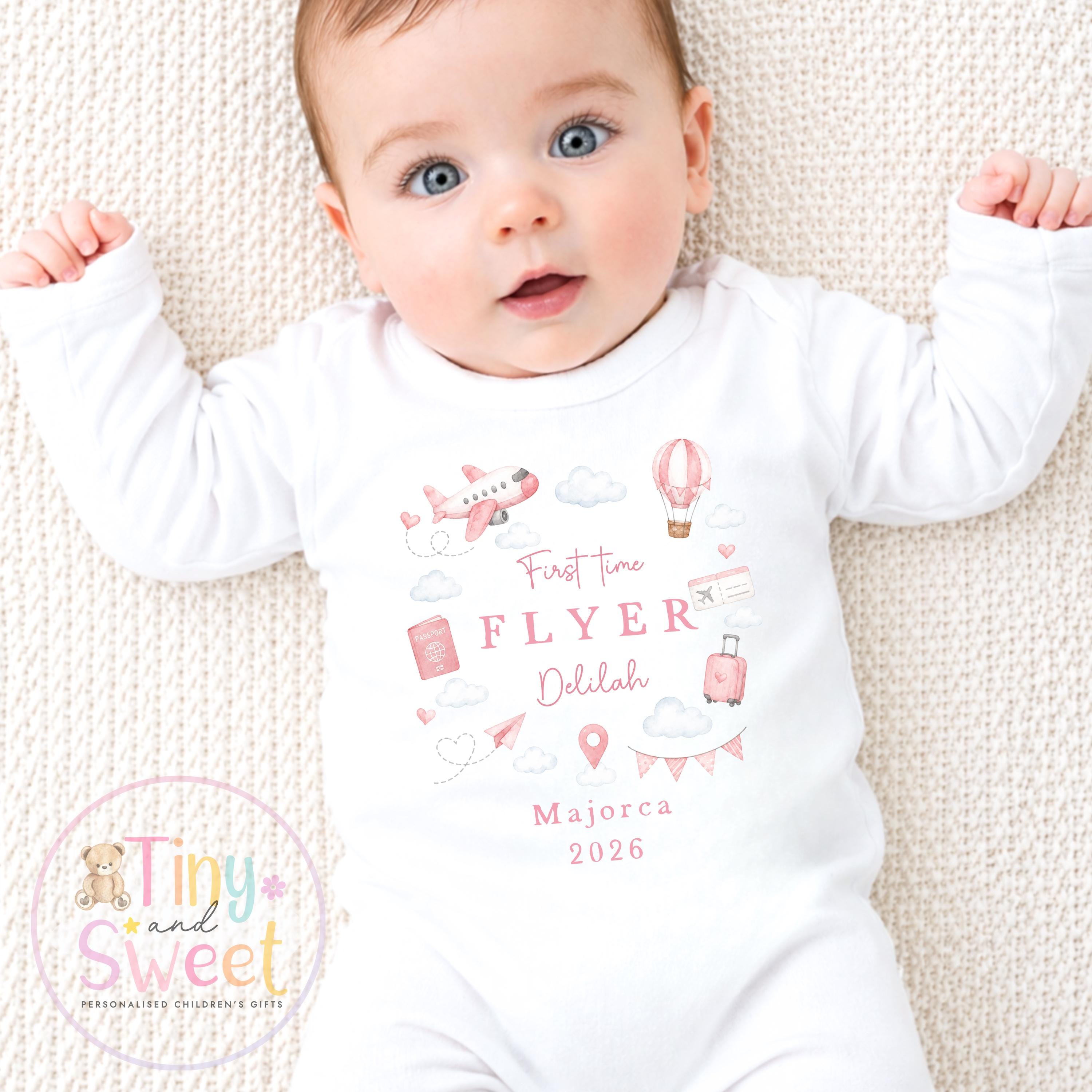 Personalised First Flight Baby Sleepsuit, First Time Flyer T Shirt, Baby’s First Holiday Outfit, Custom Babygrow Gift