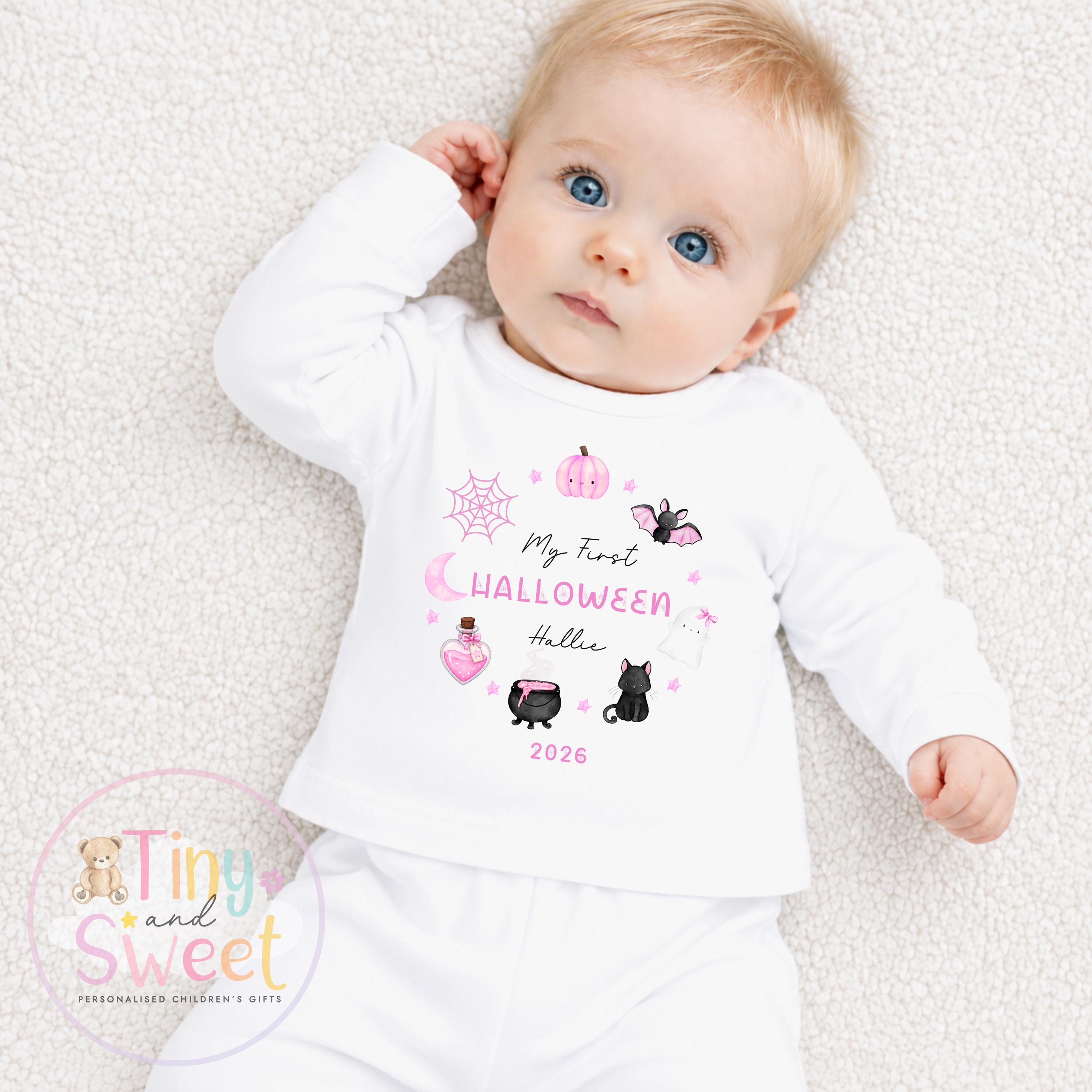 First Halloween Pink Wreath Personalised Sleepsuit