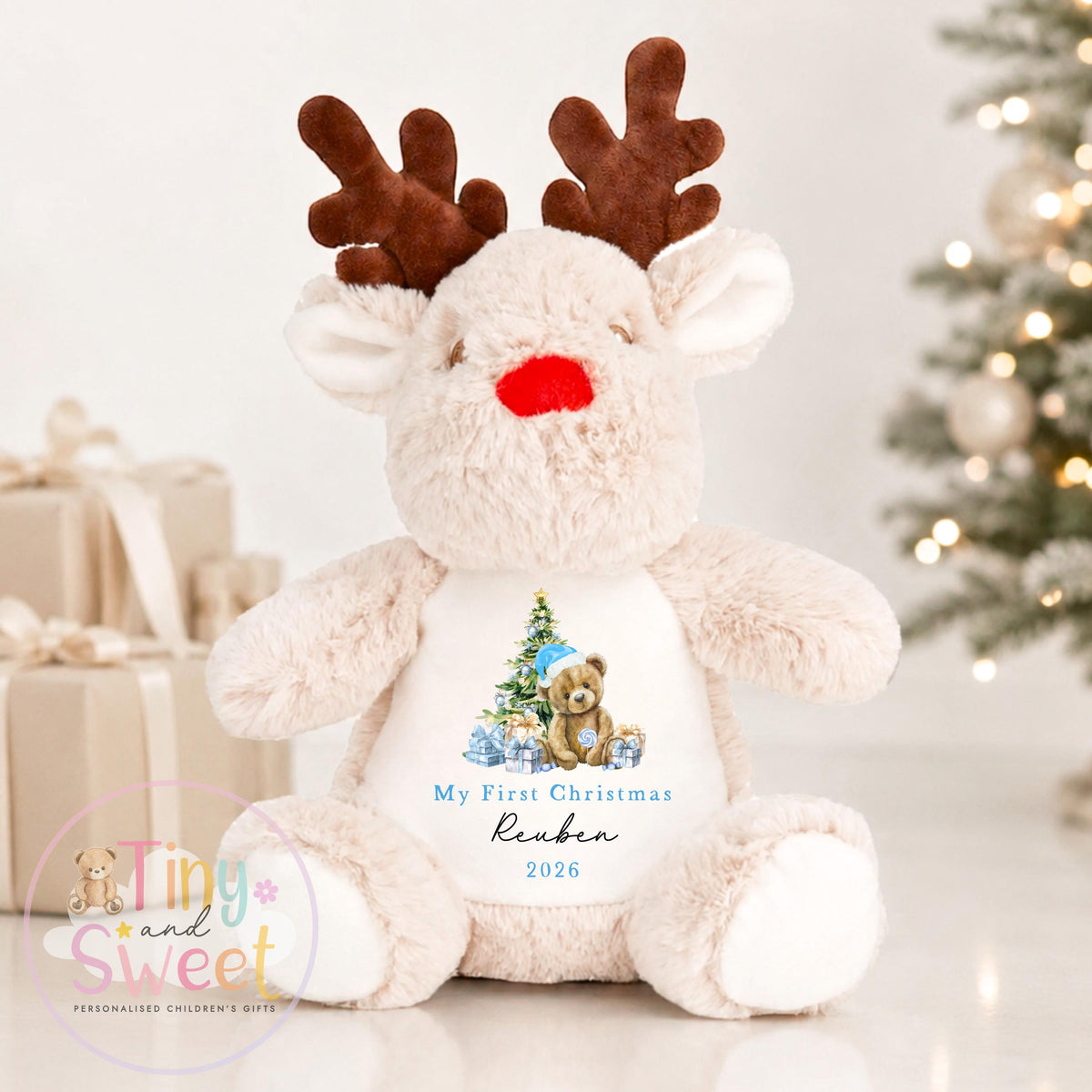 Pink/Blue Classic Teddy First Christmas Personalised Soft Toy Reindeer