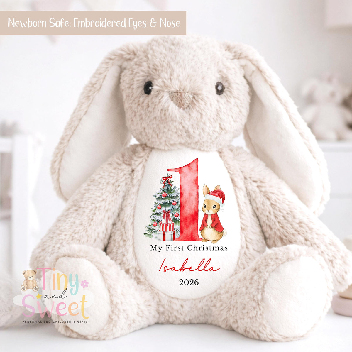 My First Christmas Bunny, Personalised Christmas Soft Toy, Baby’s First Christmas Soft Toy Gift, My First Christmas Keepsake, Christmas Bib