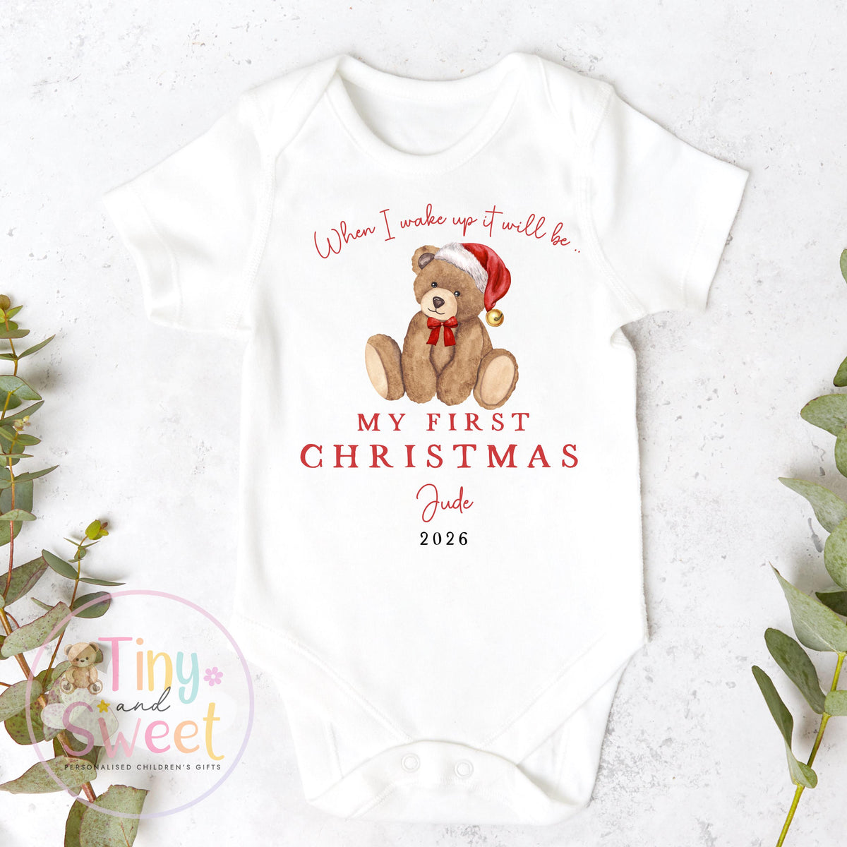 First Christmas Classic Teddy Personalised Red Stripe Sleepsuit