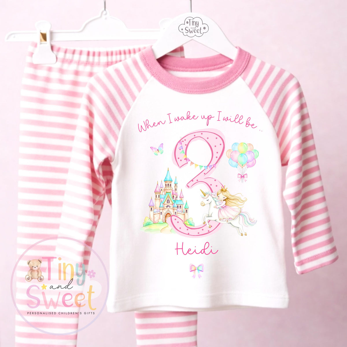 Personalised Pink Any Age Themed Birthday Girls Stripe Long Set, Girl Birthday Cotton Clothing Set, Birthday Morning Set