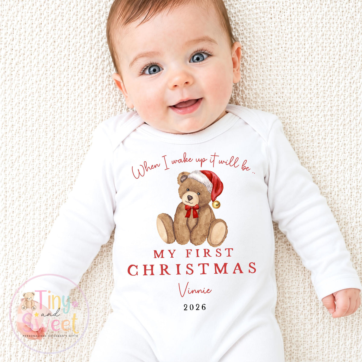 First Christmas Classic Teddy Personalised Red Stripe Sleepsuit