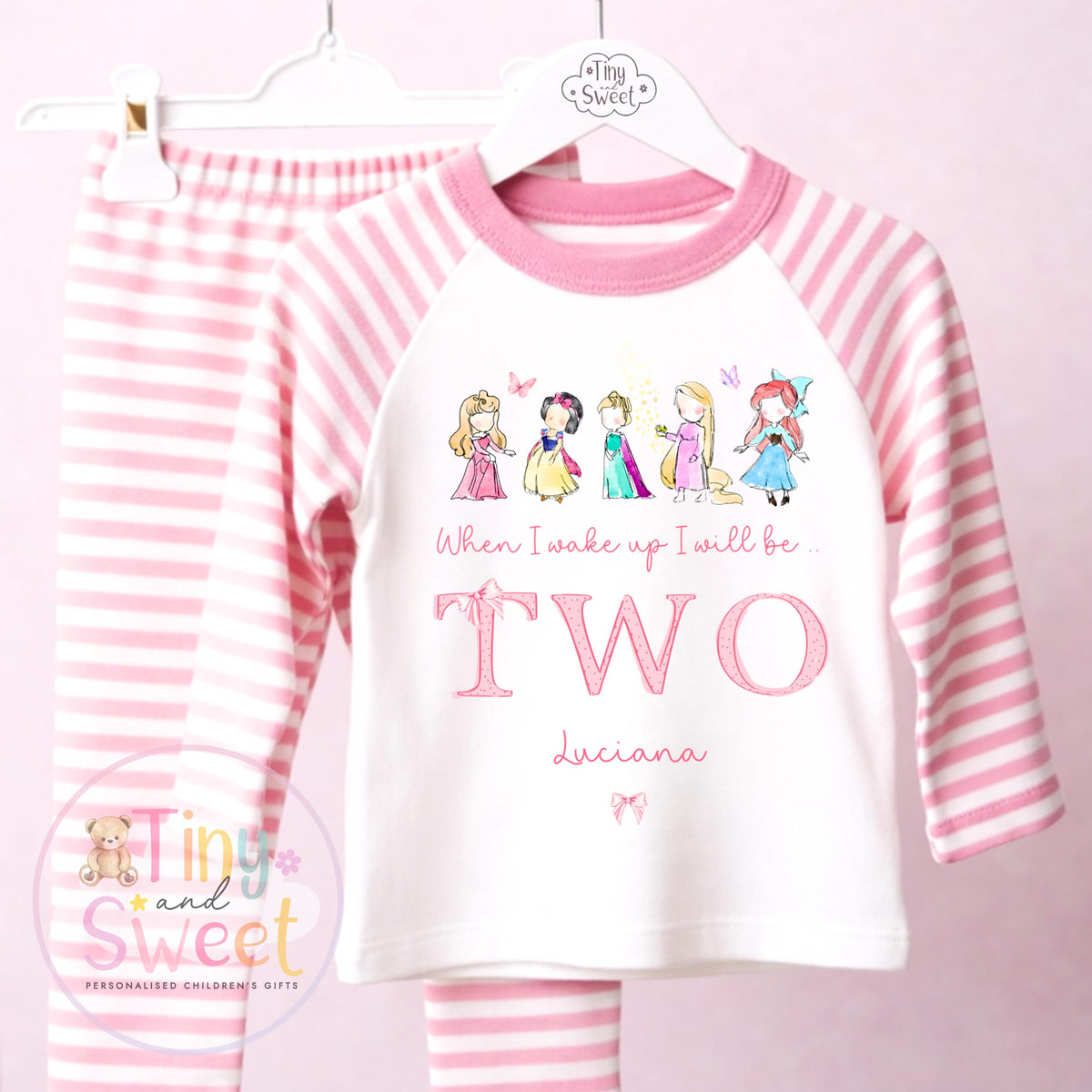Personalised Pink Any Age Themed Birthday Girls Stripe Long Set, Girl Birthday Cotton Clothing Set, Birthday Morning Set