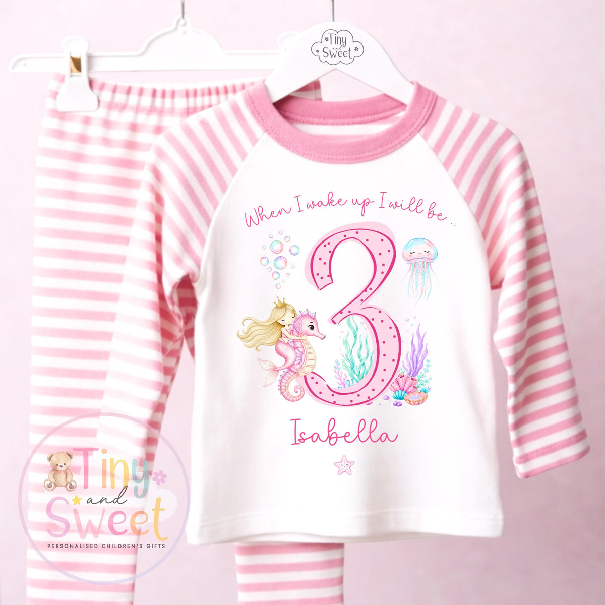 Personalised Pink Any Age Themed Birthday Girls Stripe Long Set, Girl Birthday Cotton Clothing Set, Birthday Morning Set