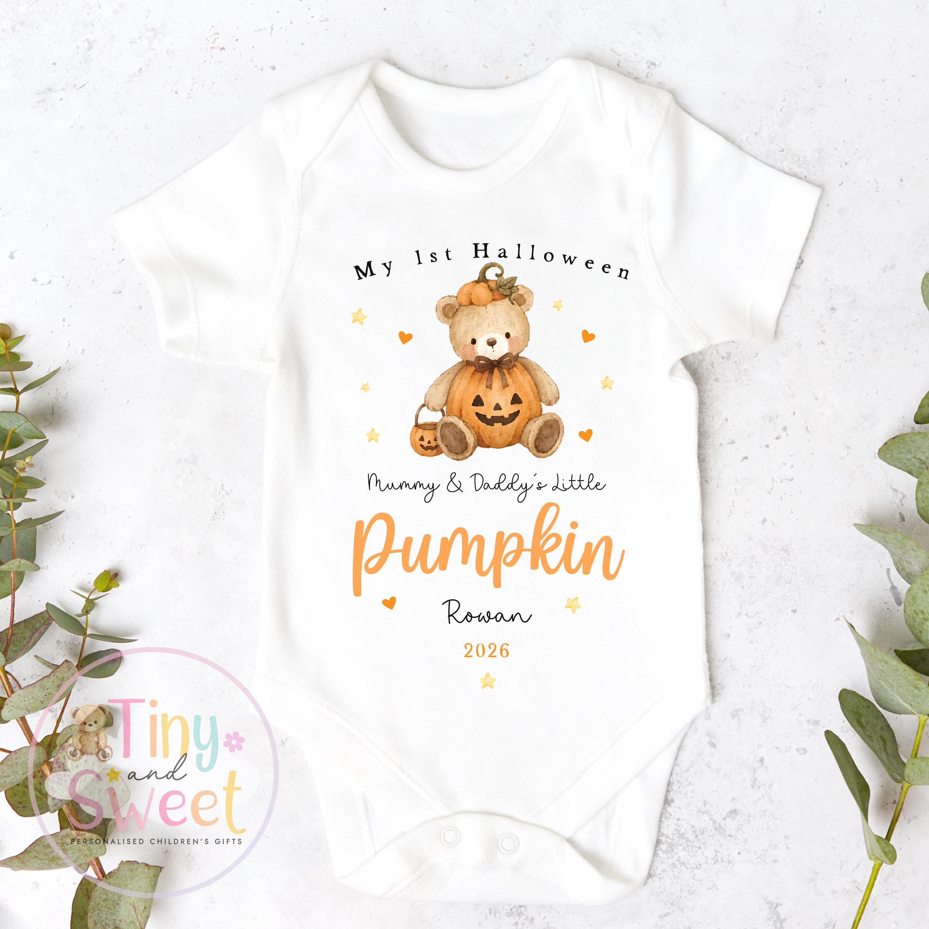 Personalised First Halloween Baby Sleepsuit, Little Pumpkin Teddy Bear Babygrow, Halloween Gift For New Baby, Halloween 2026