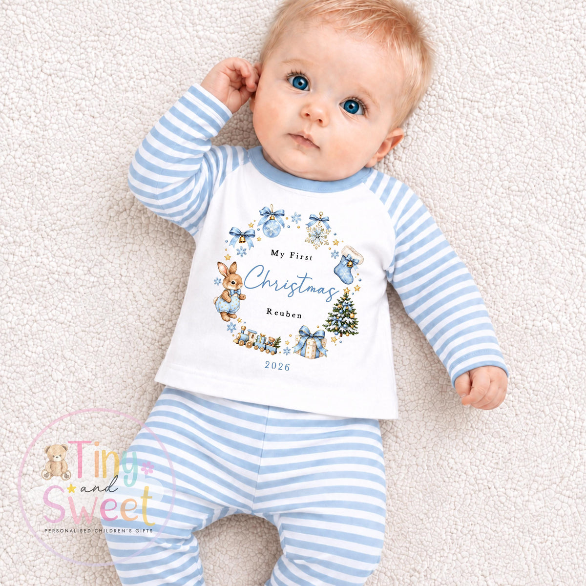 Pink or Blue Christmas Bunny Wreath Personalised Sleepsuit/Vest
