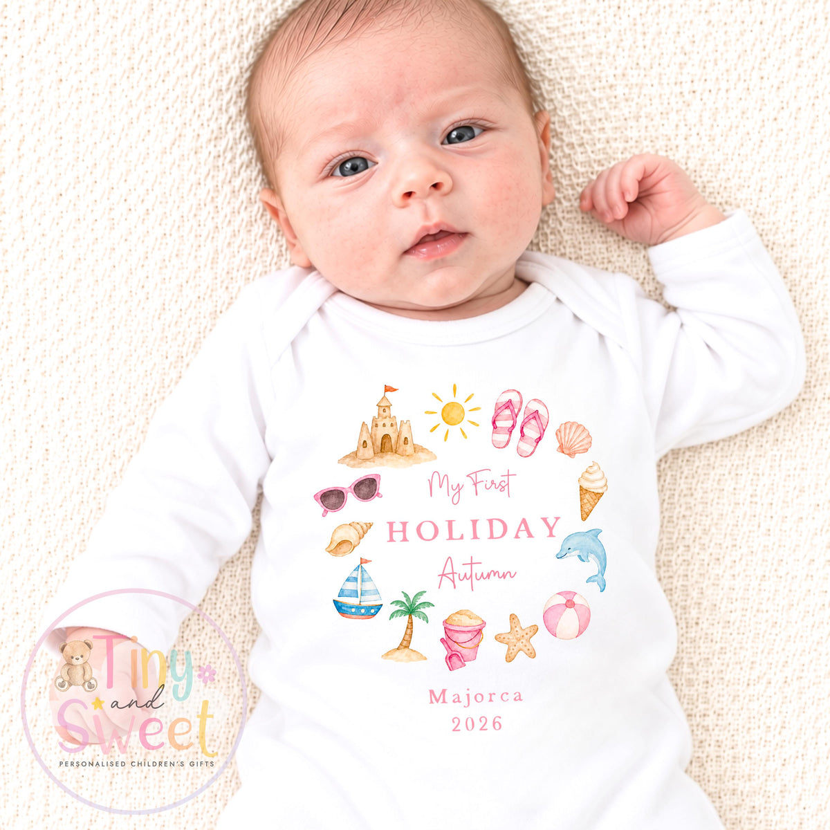 My First Holiday Sleepsuit, Personalised Baby Travel Outfit, Baby’s First Holiday T Shirt, Cute Summer Travel Outfit, My First Holiday