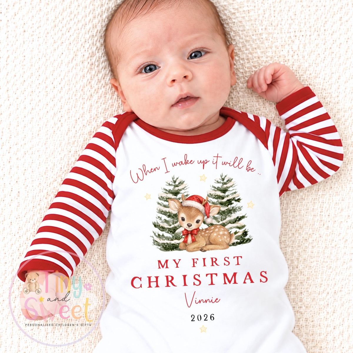 When I wake up Deer My First Christmas Personalised Sleepsuit/Vest